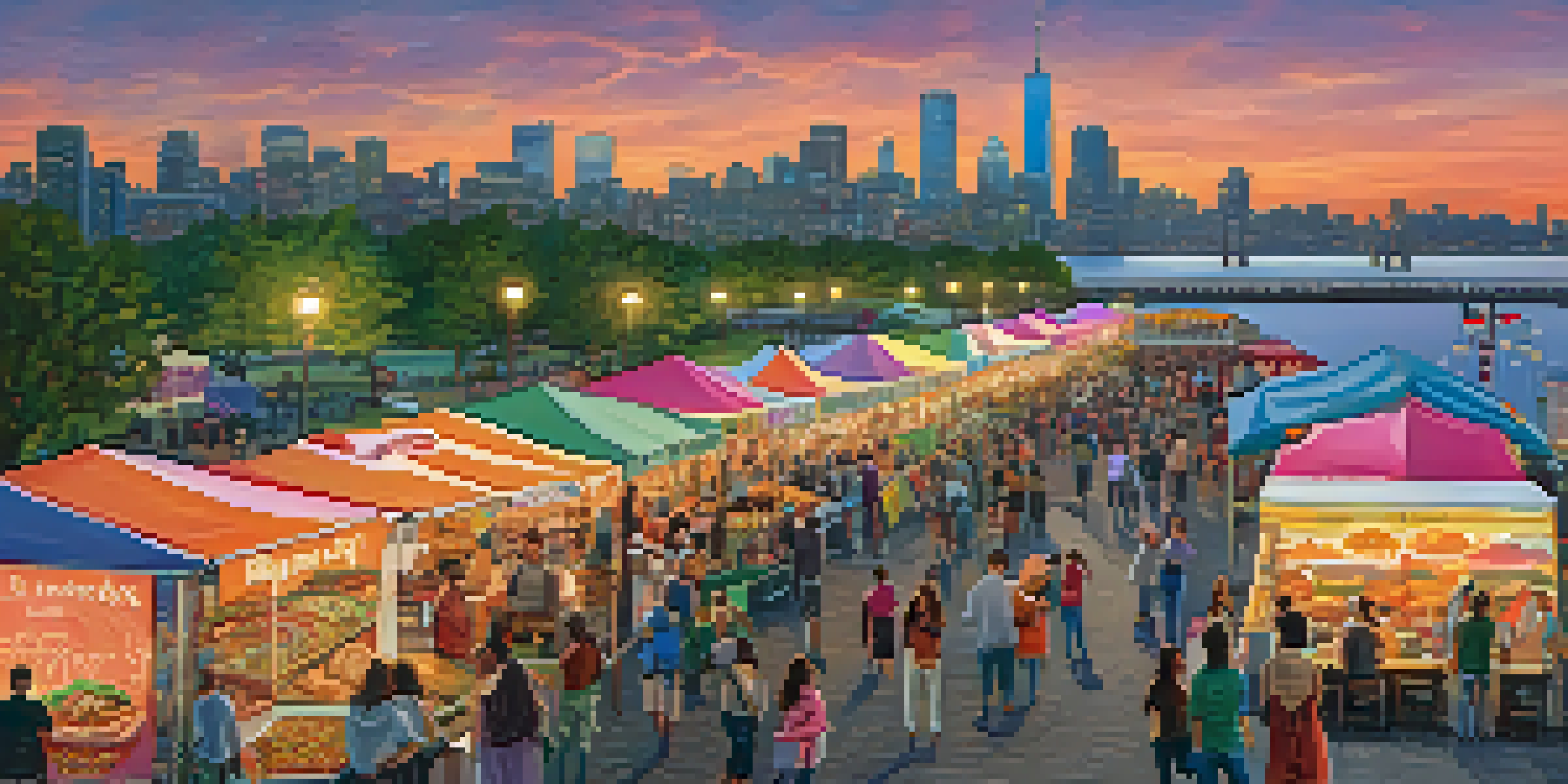A bustling waterfront food festival in Jersey City with colorful tents, food stalls, and happy visitors, set against a sunset skyline.
