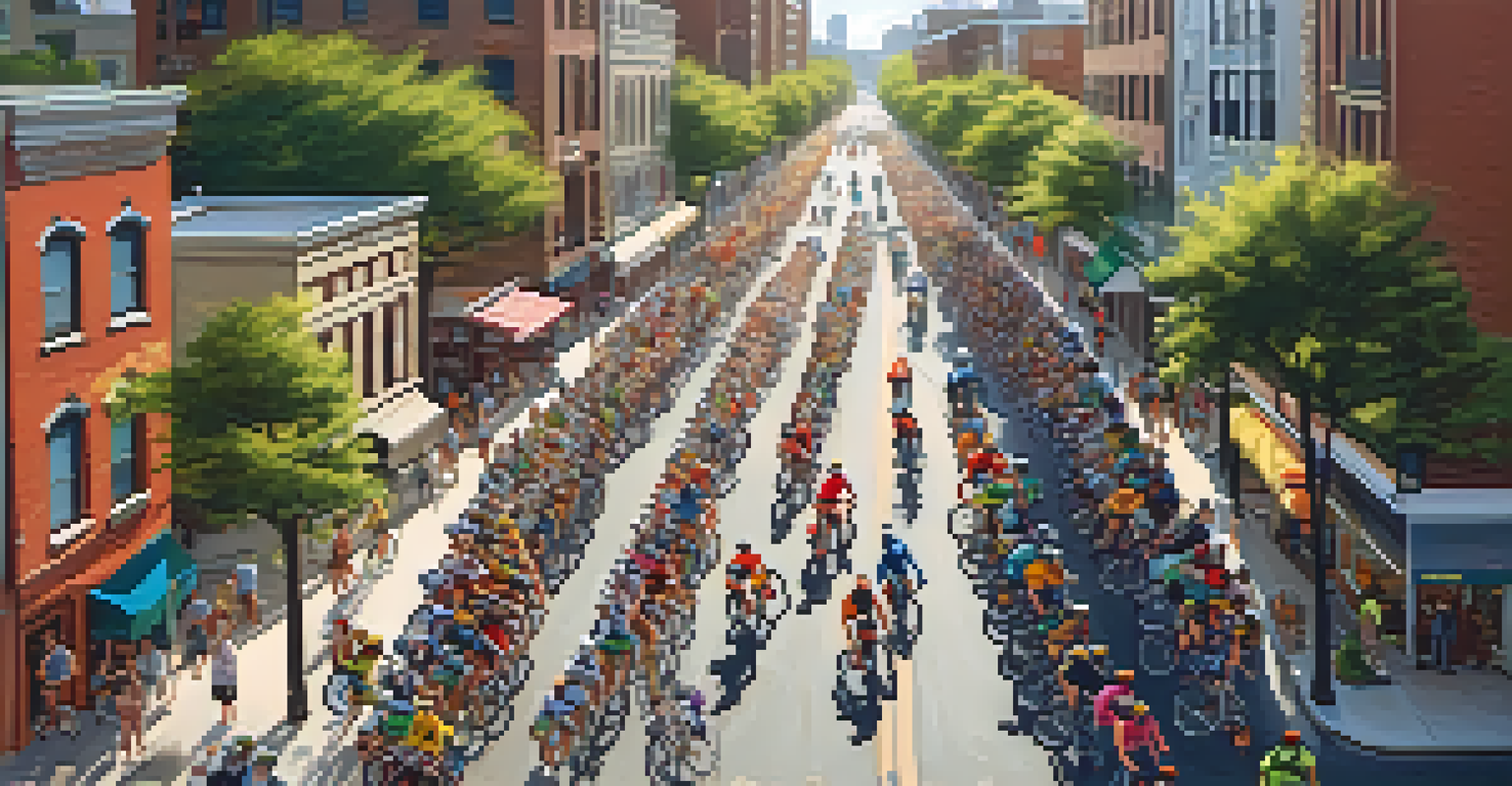 Overhead view of a busy Jersey City street filled with cyclists and spectators during a cycling event, surrounded by local shops.