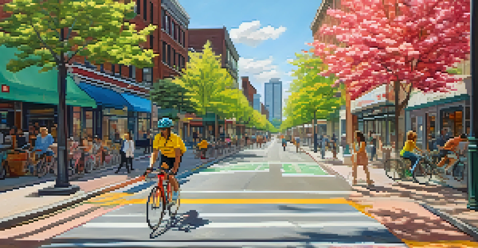 A cyclist riding in Jersey City along a bike lane filled with flowers, with vibrant storefronts in the background.
