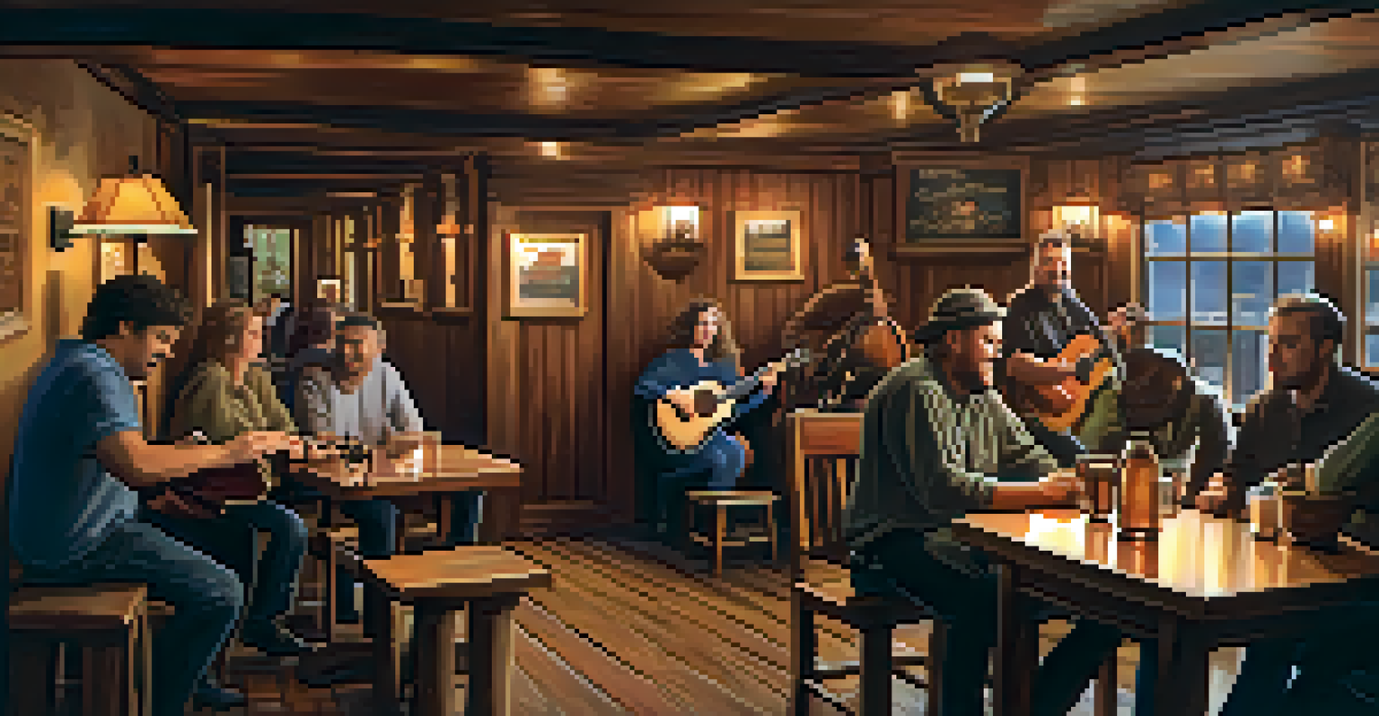 A cozy folk music gathering in a pub with musicians playing acoustic instruments and patrons singing along in a warm, inviting atmosphere.