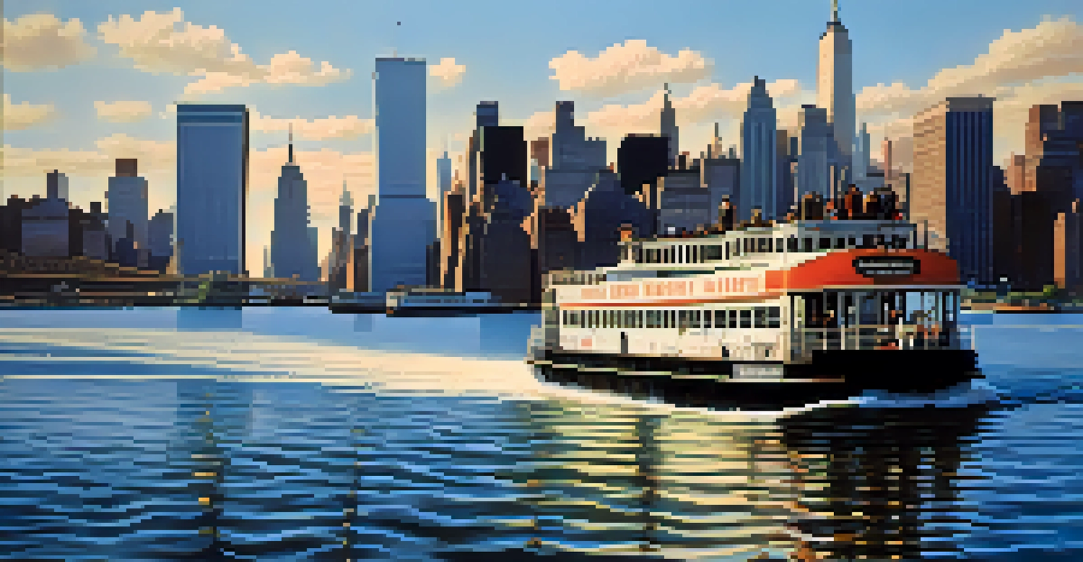 A ferry on the Hudson River with the Manhattan skyline in the background, capturing a scenic commuting experience.