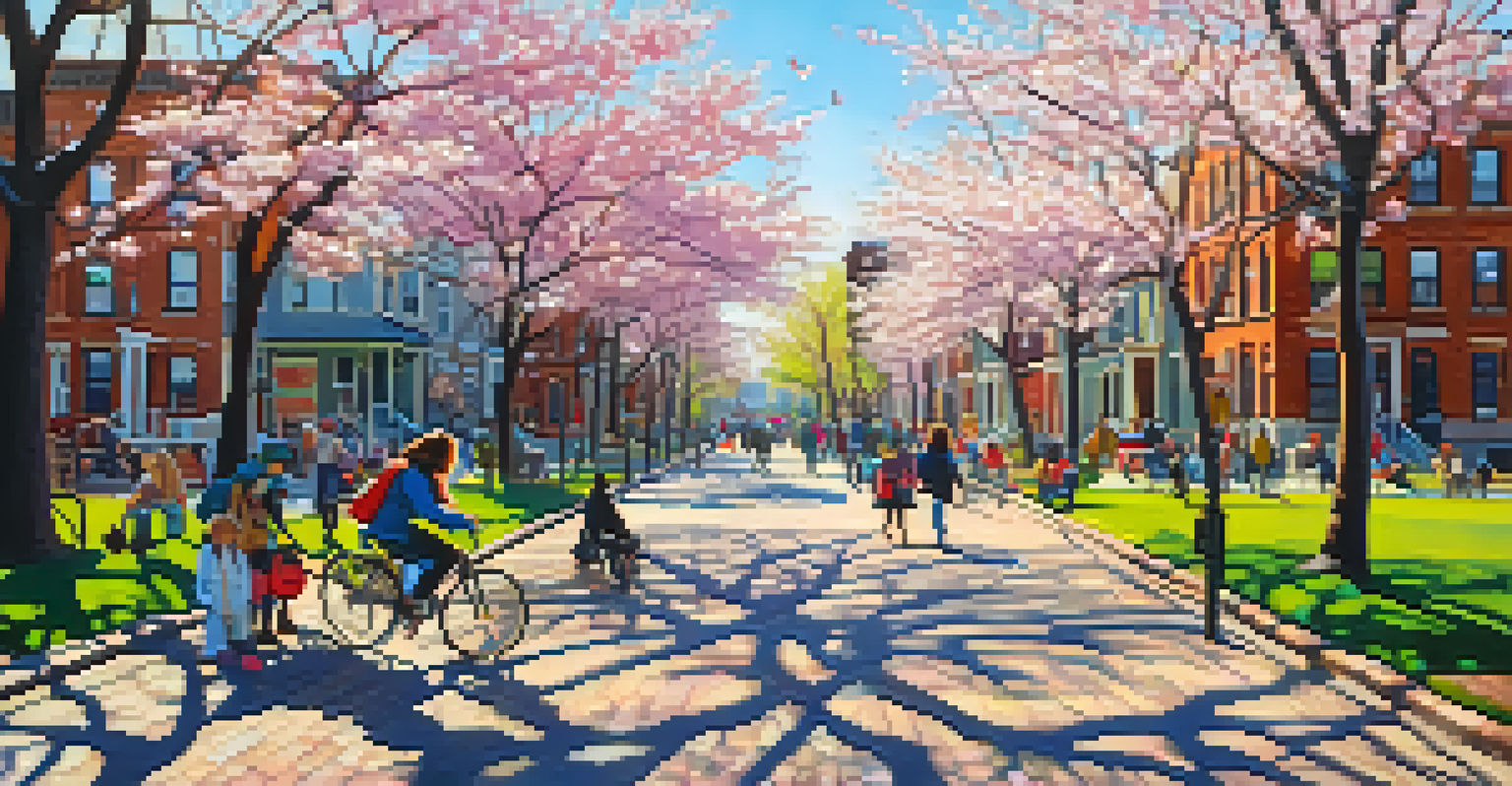 A lively spring day at Van Vorst Park with cherry blossoms and a farmer's market.