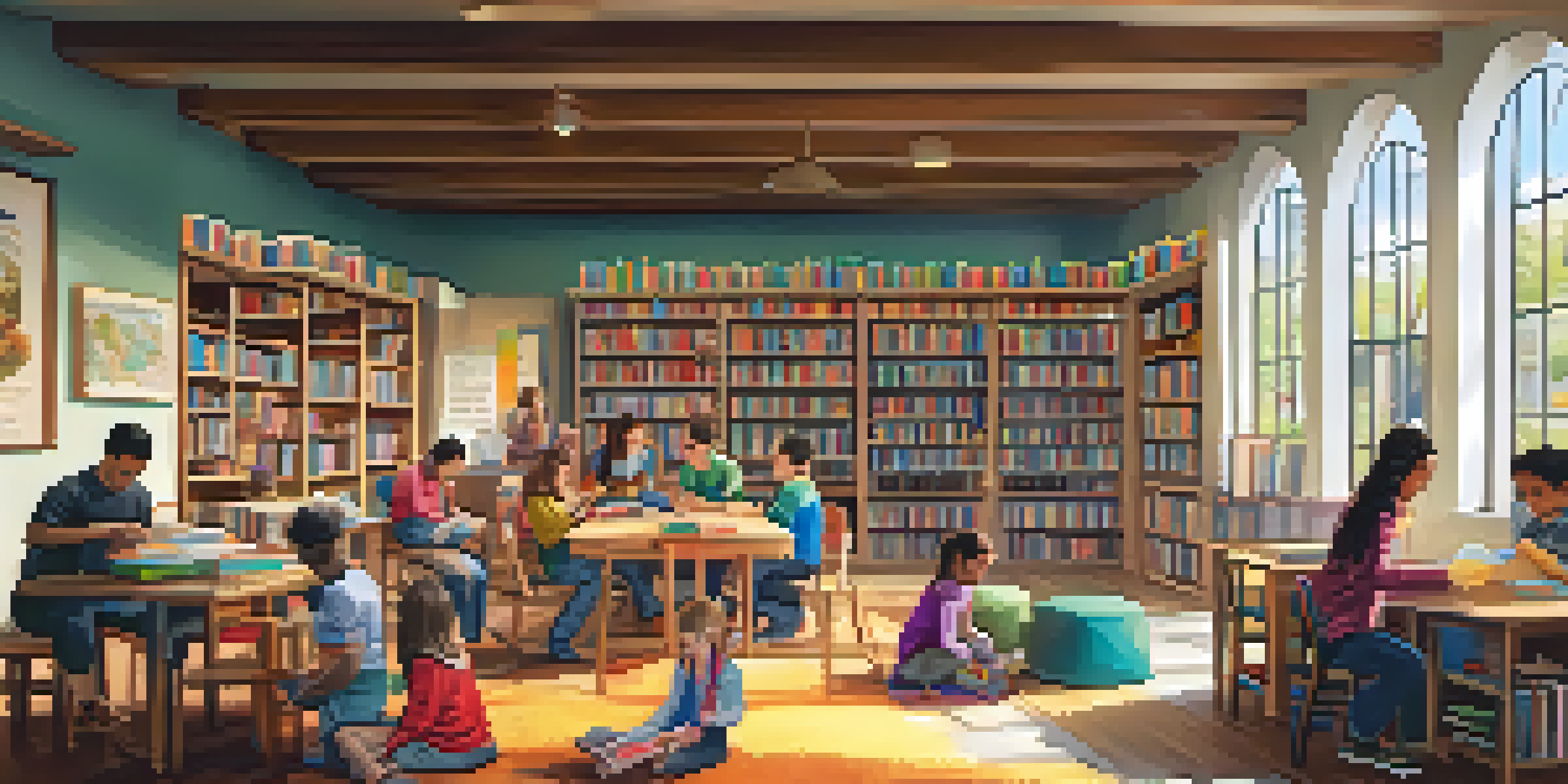 A lively library scene with families participating in crafts and children listening to a storyteller, surrounded by bookshelves and natural light.