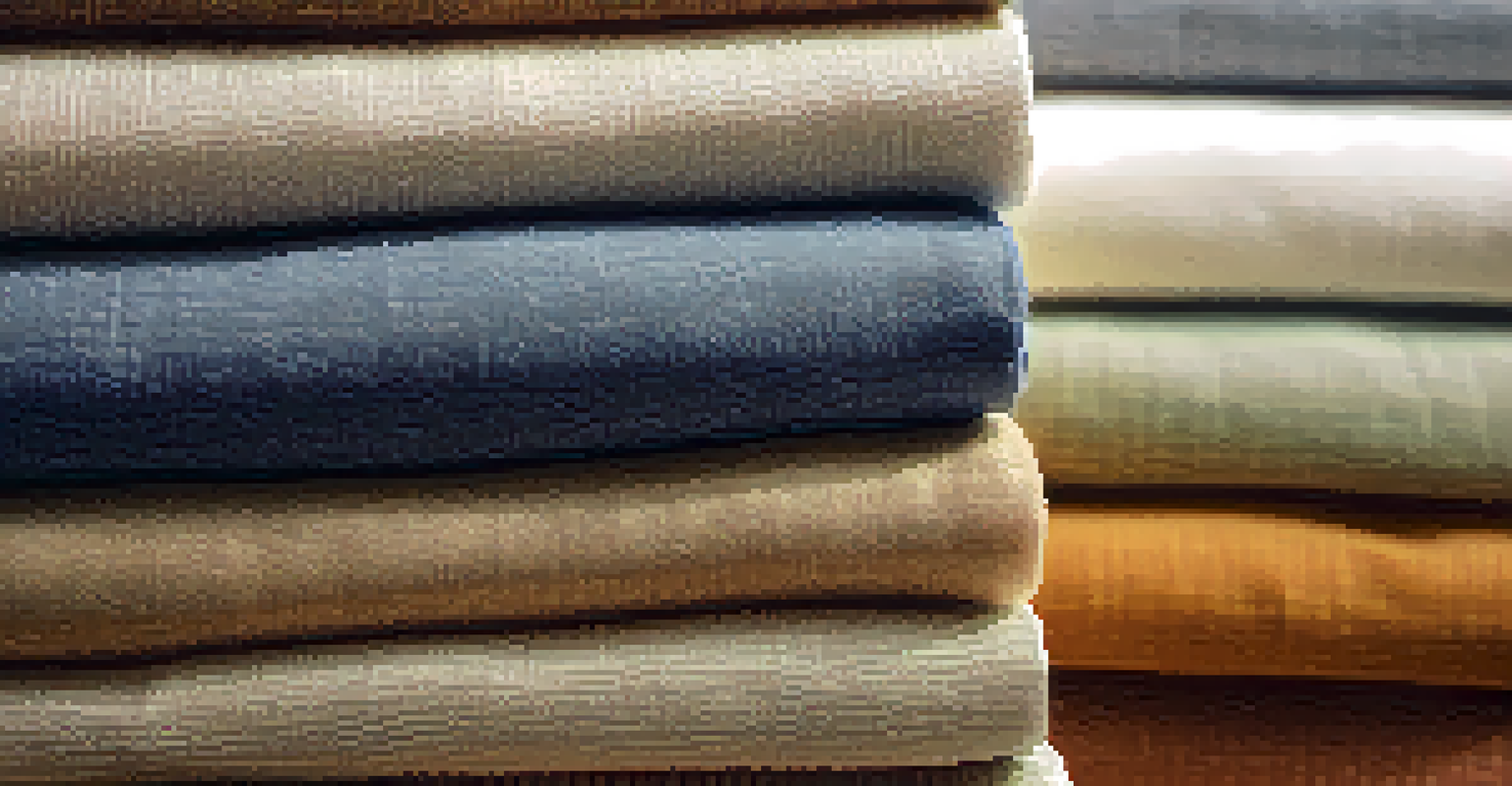 Close-up of hands holding organic cotton fabrics in natural colors and textures, with a blurred background.