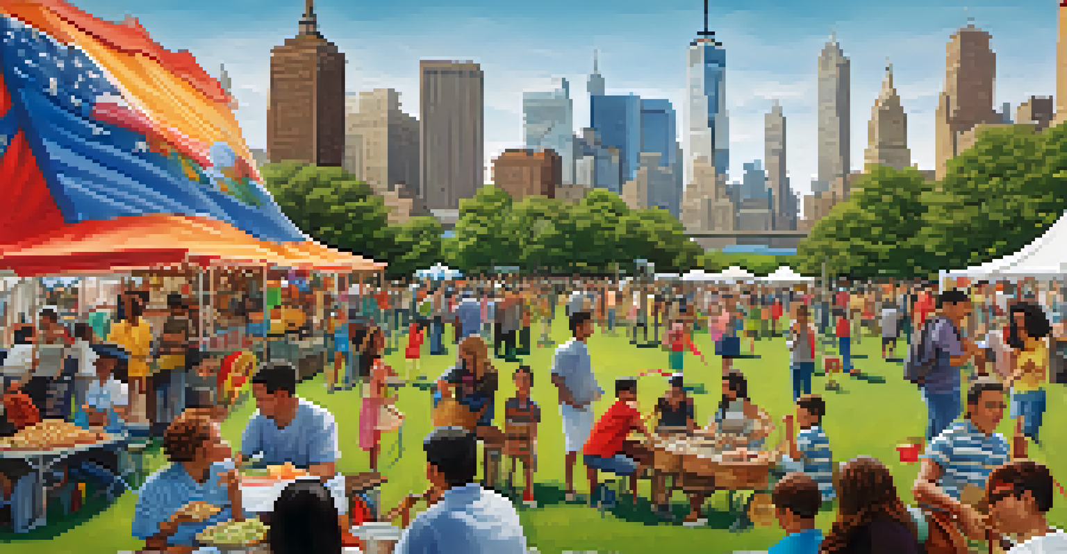 People enjoying a cultural festival at Liberty State Park, with music, art displays, food stalls, and colorful decorations, set against the Hudson River and city skyline.