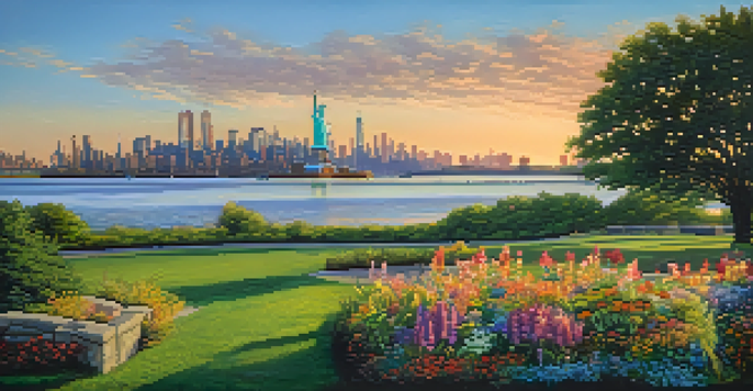 A scenic view of Liberty State Park at sunset, featuring the Manhattan skyline and the Statue of Liberty alongside blooming flowers and green grass.