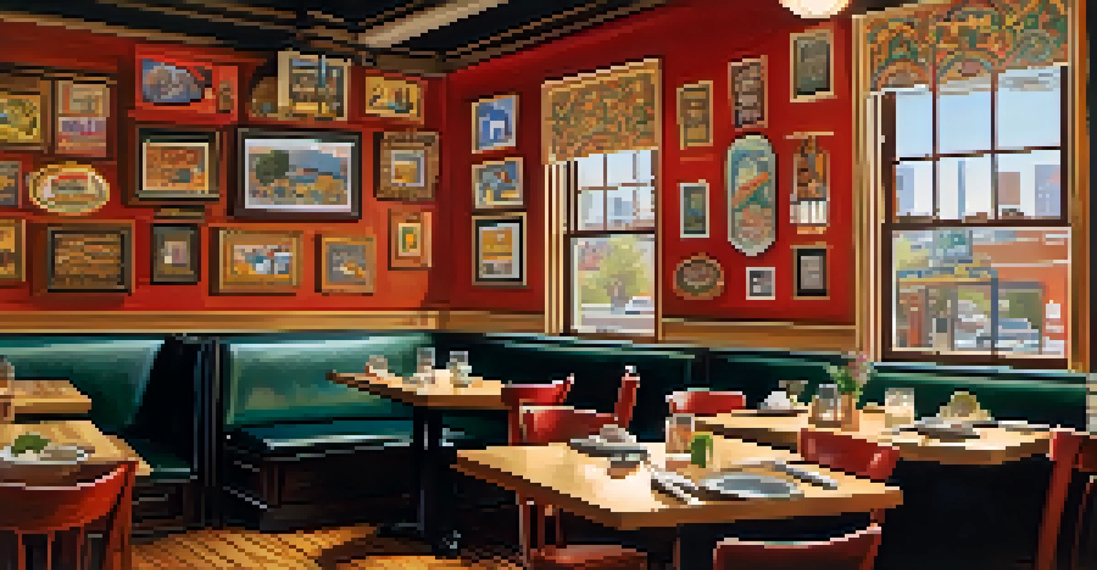 The interior of a family-owned restaurant featuring cultural artifacts and diverse dishes.