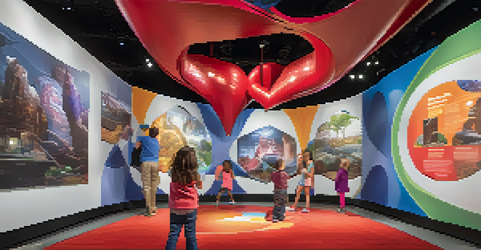 Children exploring hands-on exhibits at Liberty Science Center, including the 'Infinity Climbers' and 'Giant Heart', with bright colors and engaging displays.