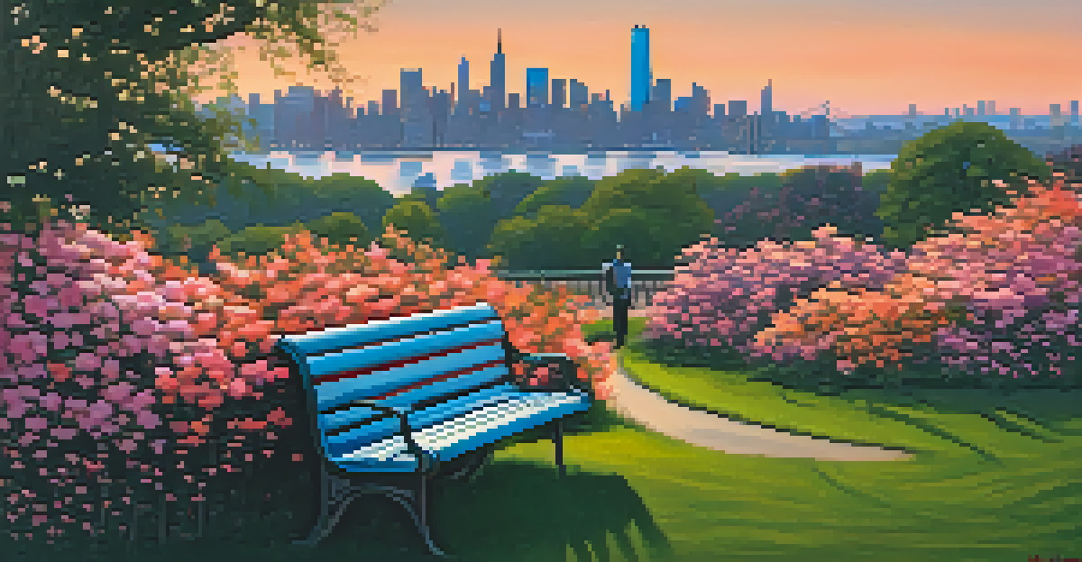A serene sunset image of Elysian Park with views of the Hudson River and Manhattan skyline, featuring flowers and walking paths.