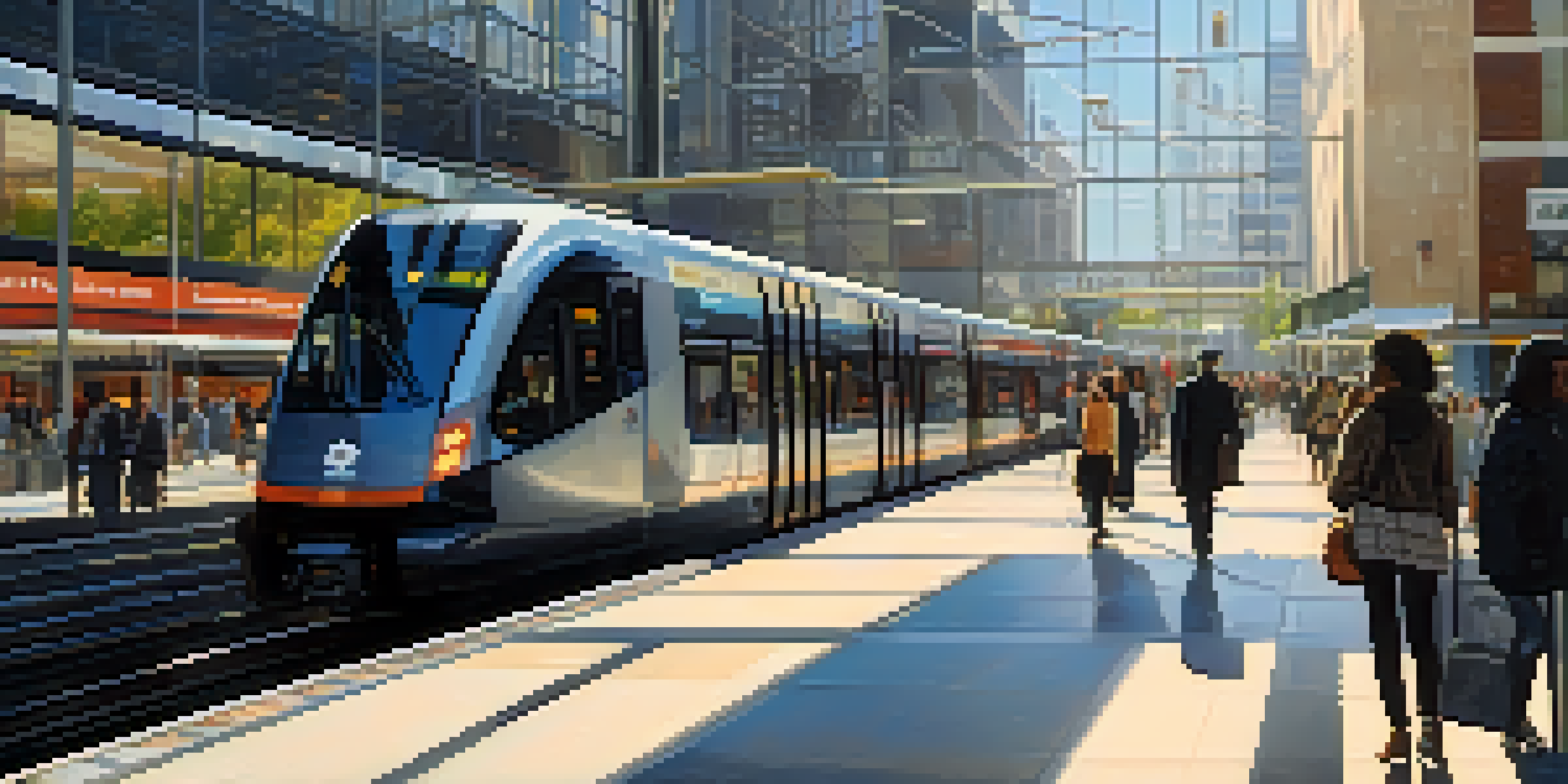 A busy transit hub in Jersey City with commuters and a modern light rail station.