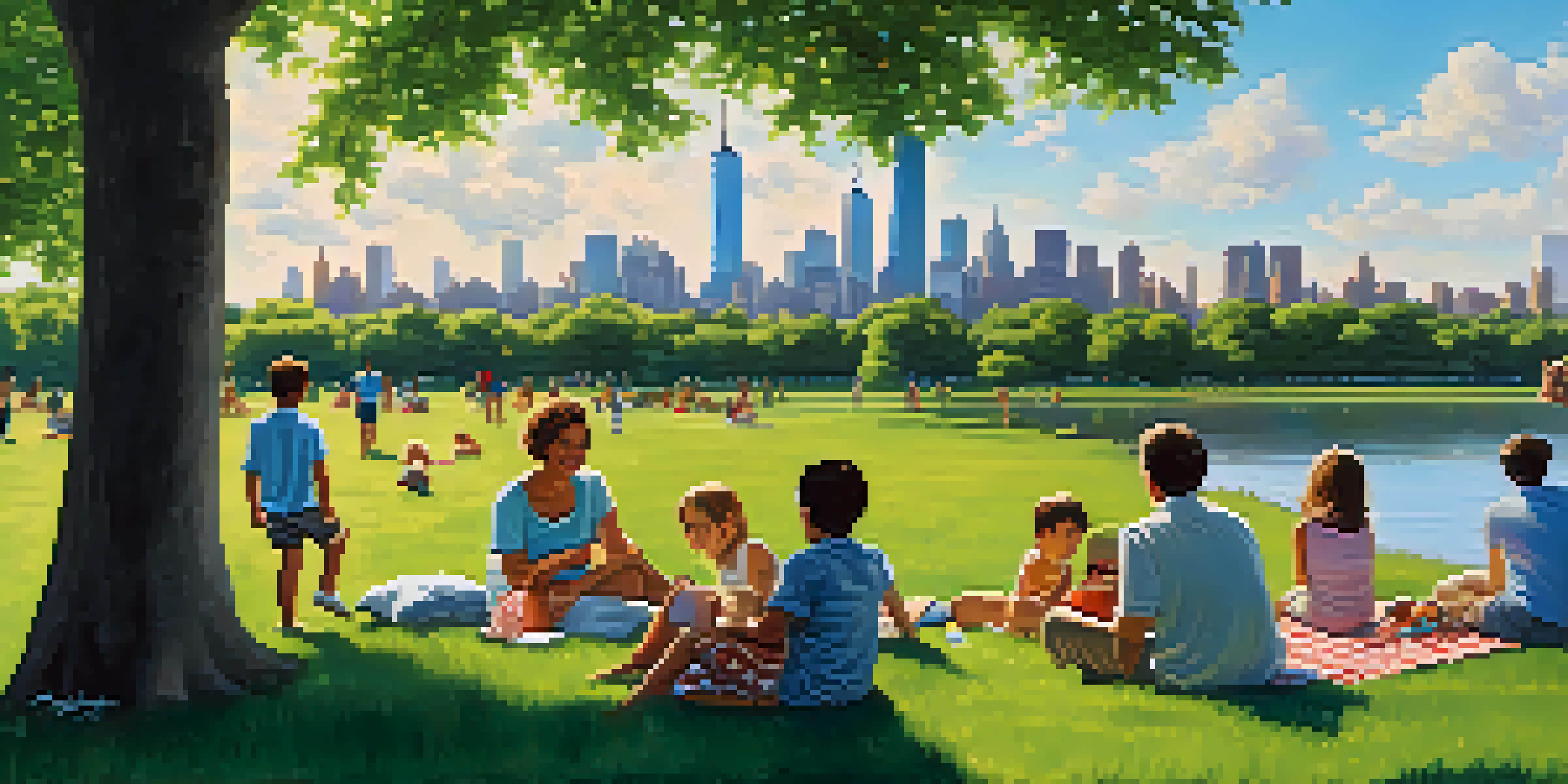 Families having a picnic at Liberty State Park with the Manhattan skyline in the background, children playing, and tall trees providing shade.