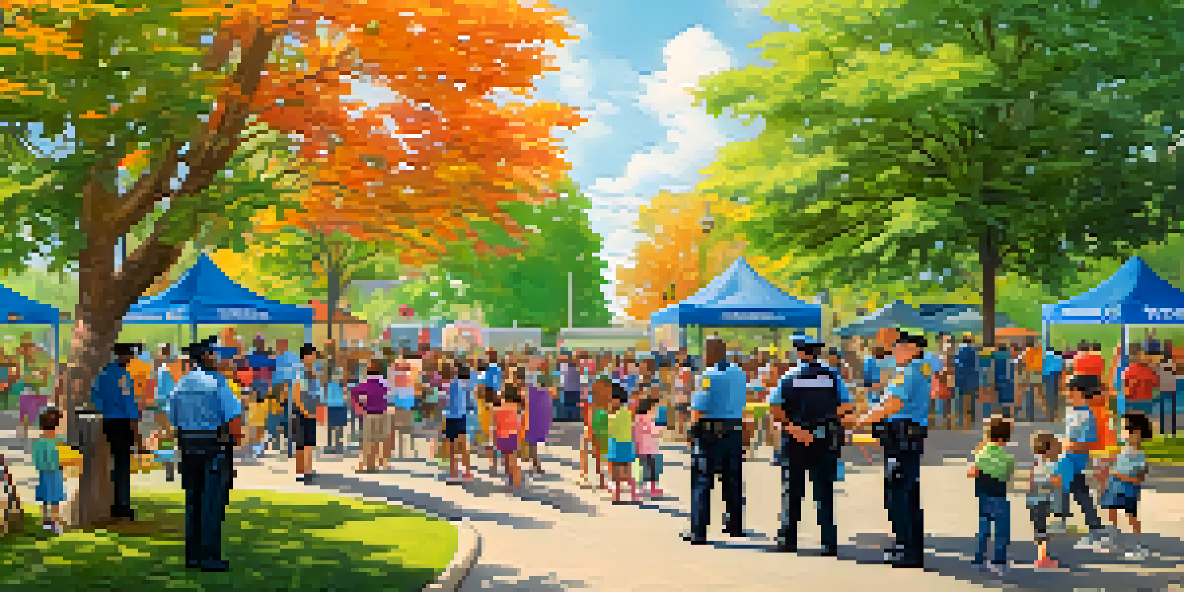 A community event in a park with police officers interacting with families, children playing, and colorful banners.