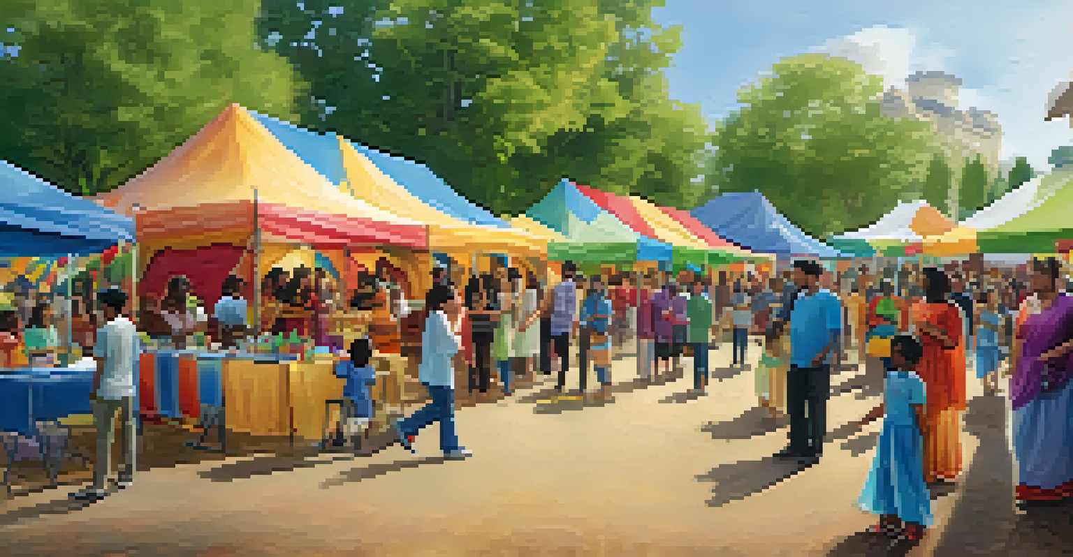 A lively outdoor community event featuring families engaging in cultural activities, with colorful tents and diverse decorations.
