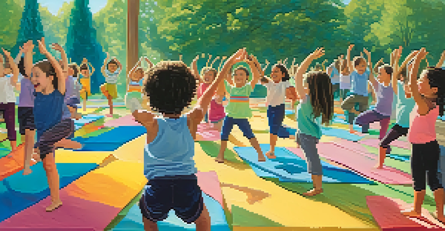 Children participating in a dance and yoga class at a summer camp, surrounded by flowers and clear skies.