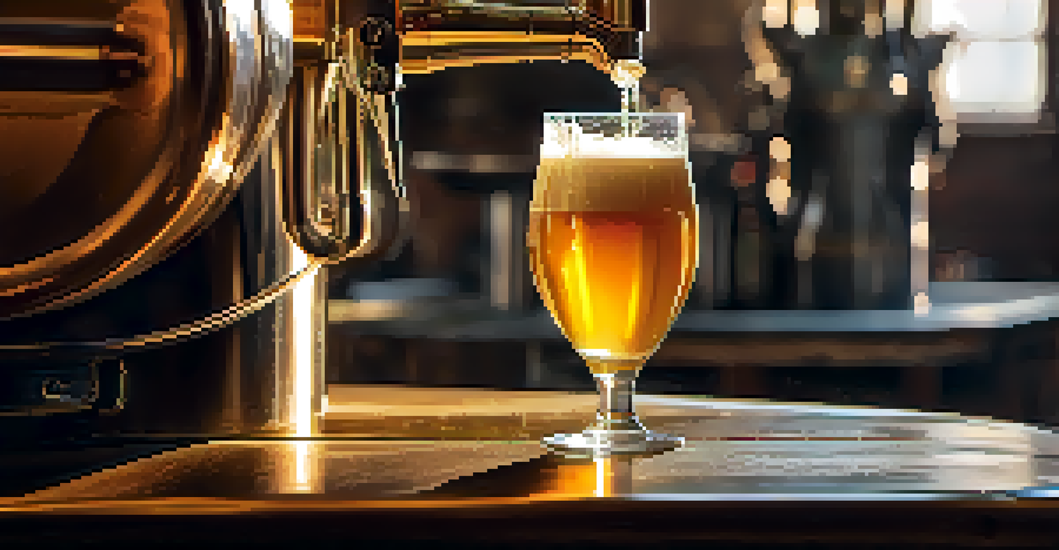 A close-up of golden craft beer being poured into a glass, with froth and bubbles, set in a brewery with blurred barrels in the background.