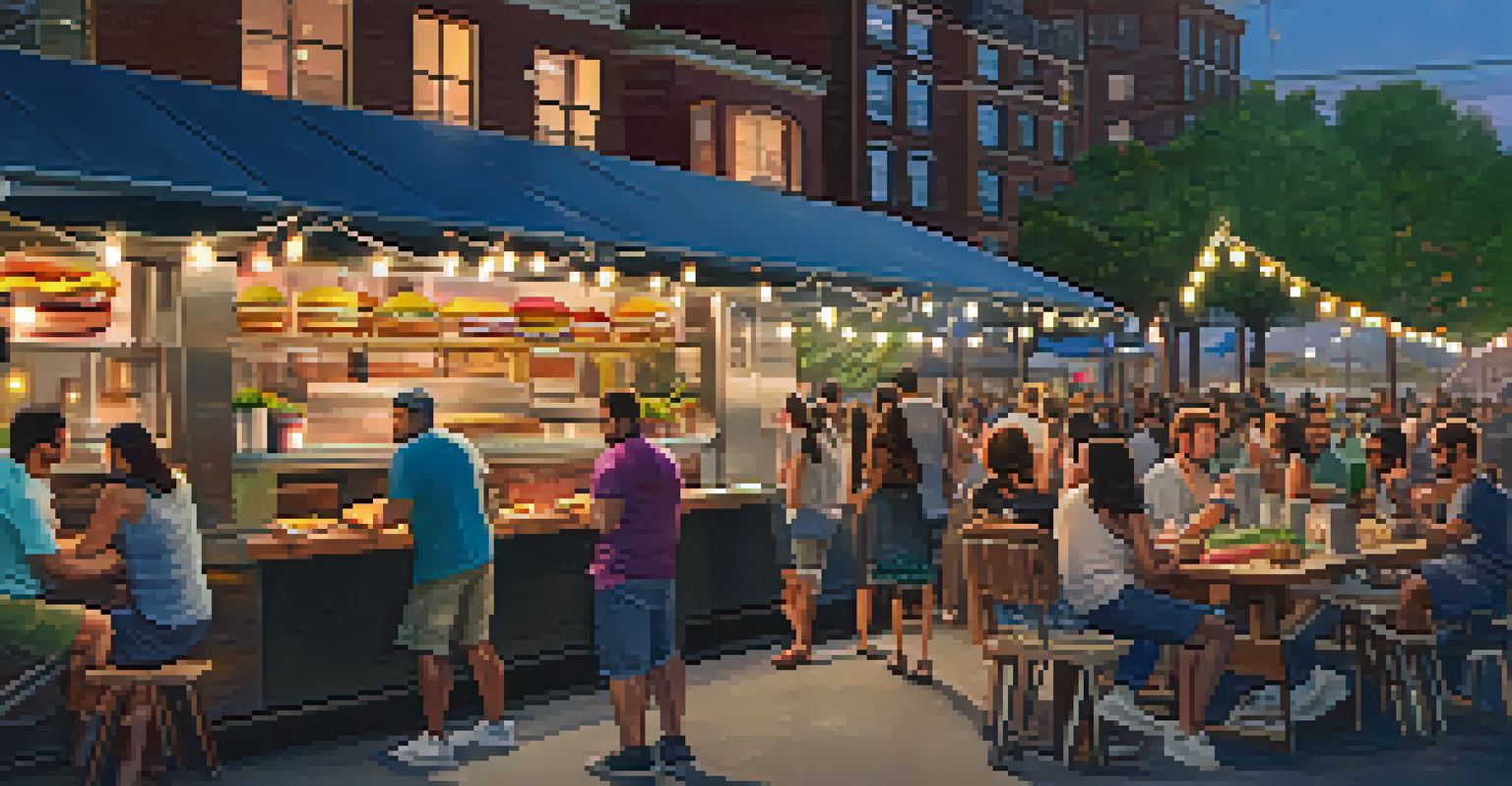 A food truck park in Jersey City with people dining at picnic tables and various food trucks.