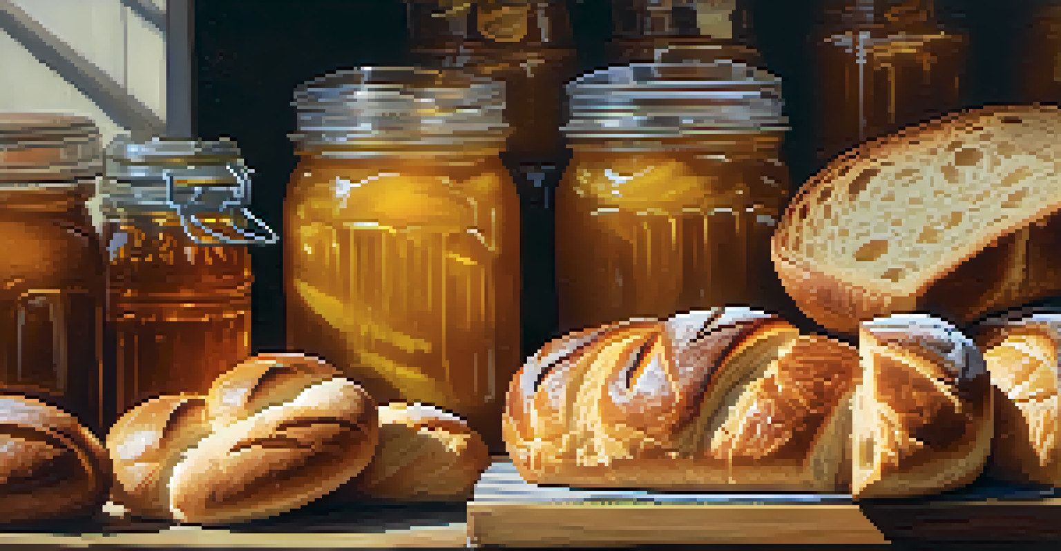 A vendor's stall displaying artisanal bread, pastries, and honey in a Jersey City food market, with soft morning light highlighting the textures.