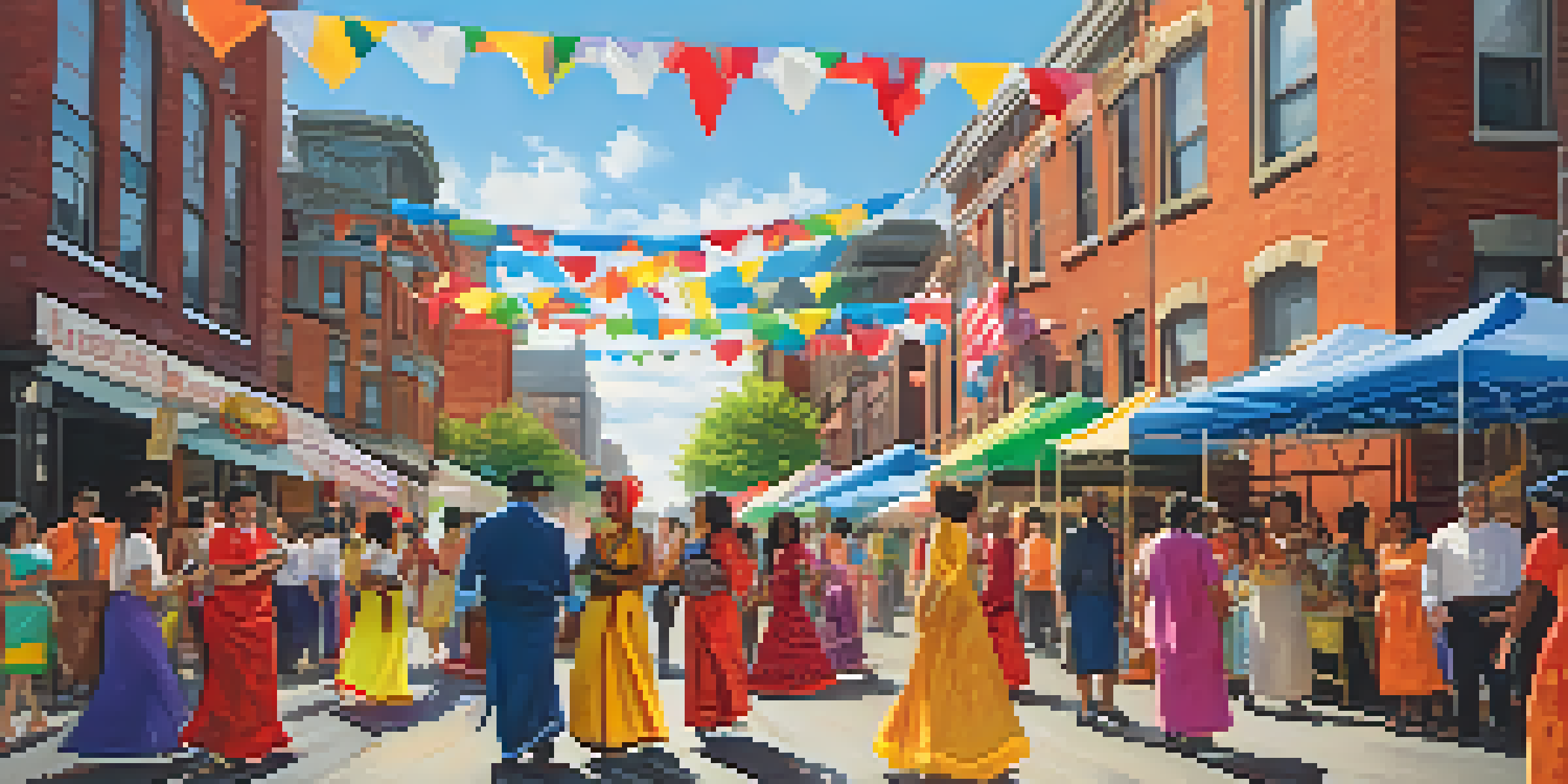 A lively street scene in Jersey City with people of diverse backgrounds celebrating together, wearing colorful traditional clothing and surrounded by food stalls and festive decorations.