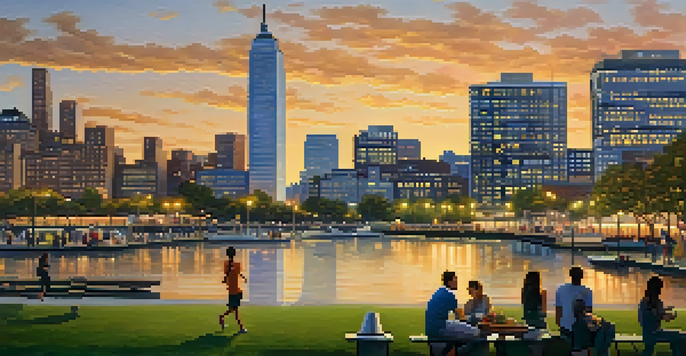 A panoramic view of Jersey City's waterfront with parks and commercial buildings during sunset, featuring people engaging in outdoor activities.