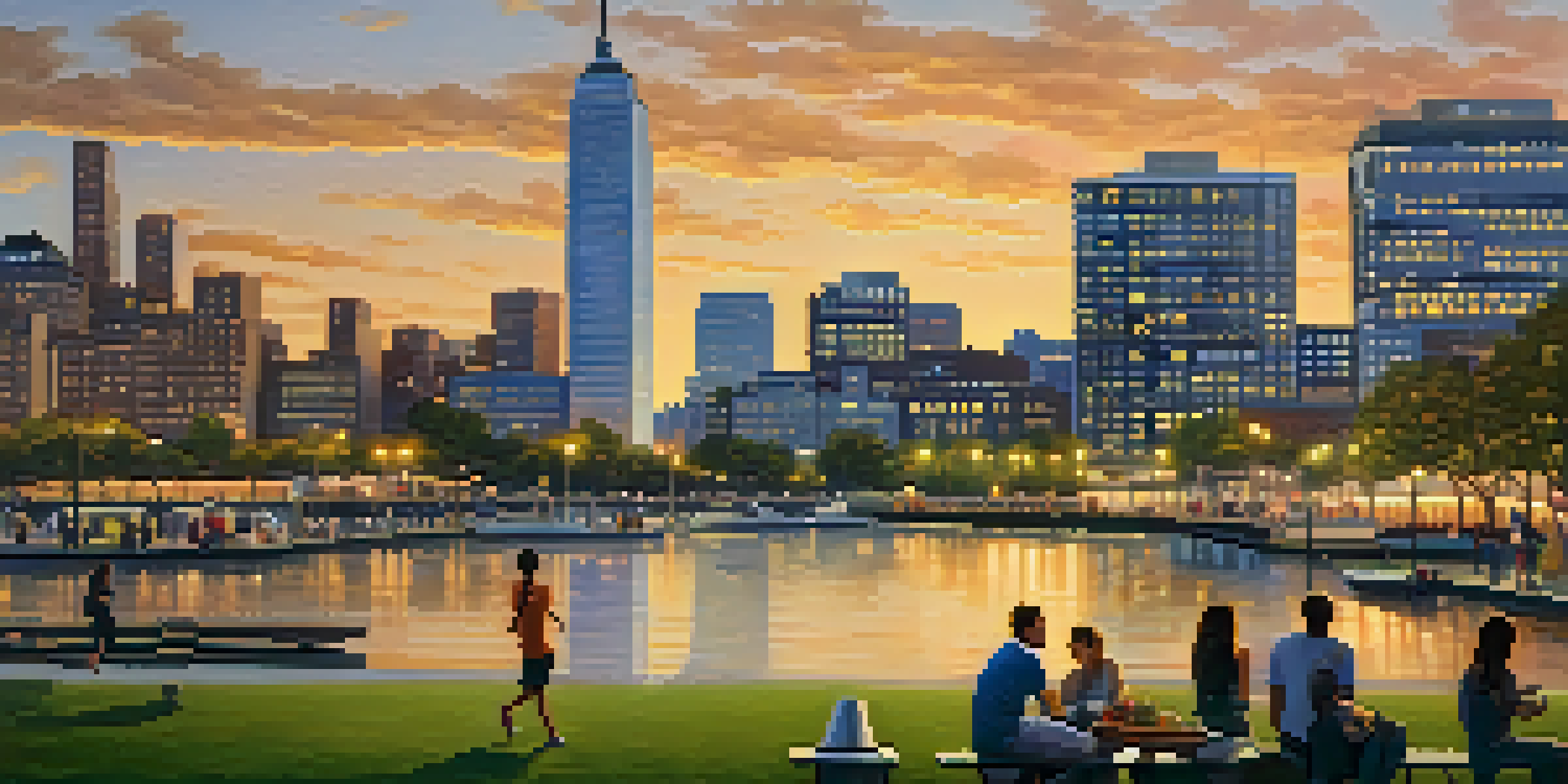 A panoramic view of Jersey City's waterfront with parks and commercial buildings during sunset, featuring people engaging in outdoor activities.