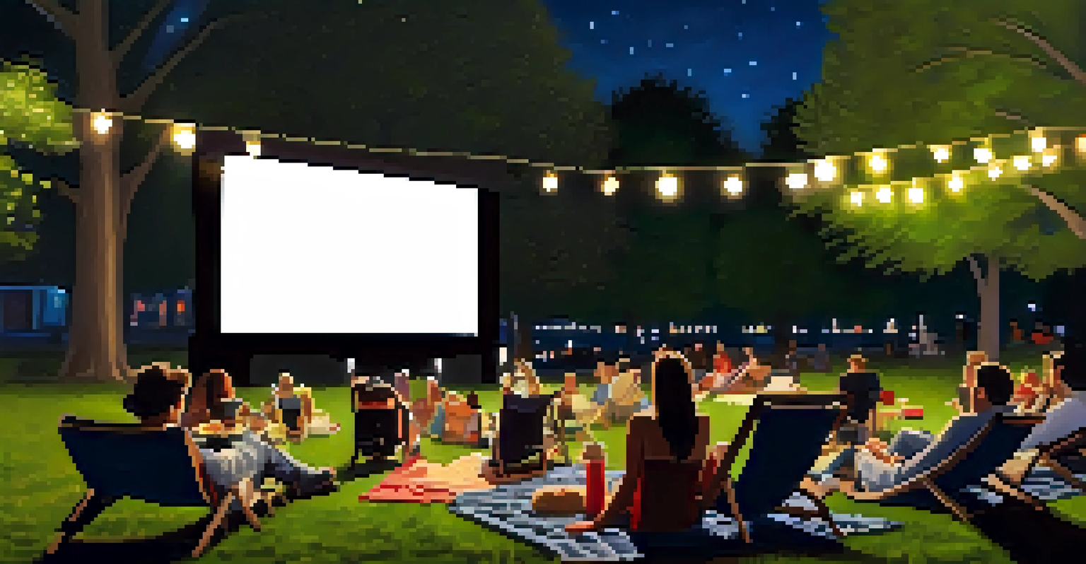 An outdoor movie night in a park with a large screen, people sitting on blankets, and soft lights creating a cozy atmosphere.
