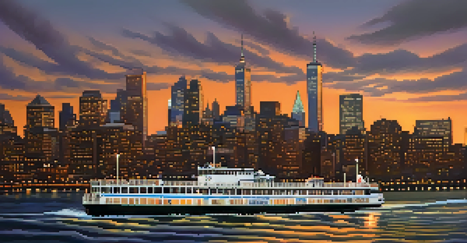 A picturesque sunset view of Weehawken ferry service with Manhattan skyline in the background.