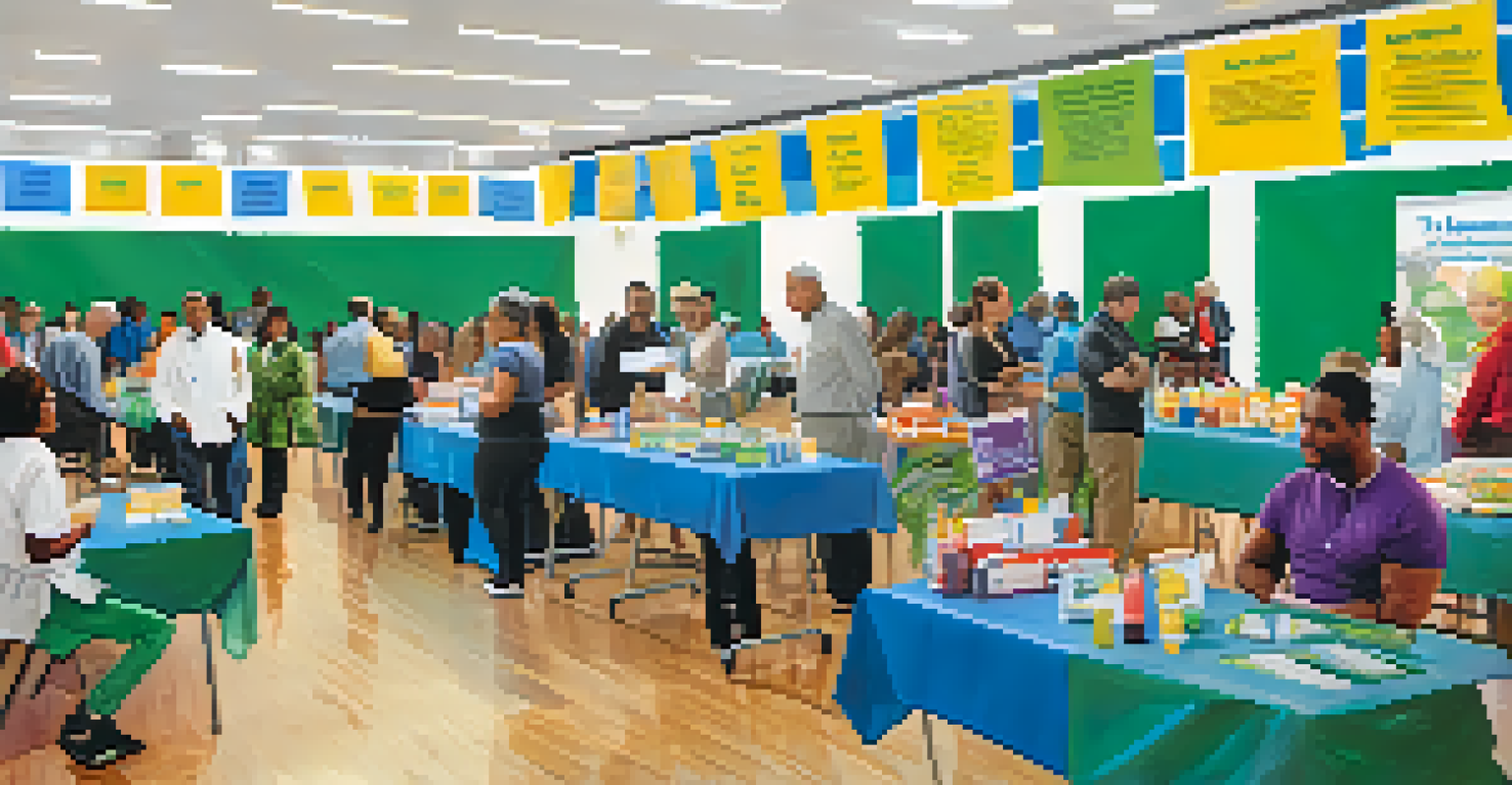 Residents interacting with health professionals at a community health fair, surrounded by banners and wellness resources.