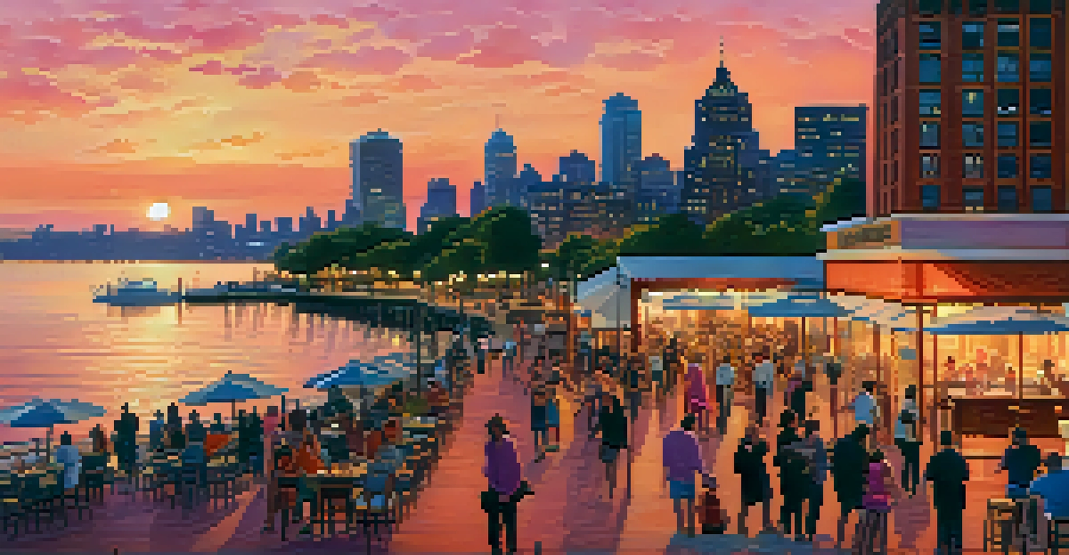 Tourists enjoying the sunset at Jersey City's waterfront, with lively restaurants and warm colors in the sky.