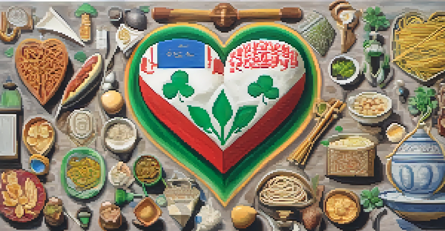 A colorful heart-shaped collage representing the multicultural heritage of Jersey City with symbols from various cultures, including an Irish shamrock, Italian pasta, African drums, Hispanic maracas, and an Asian dragon.