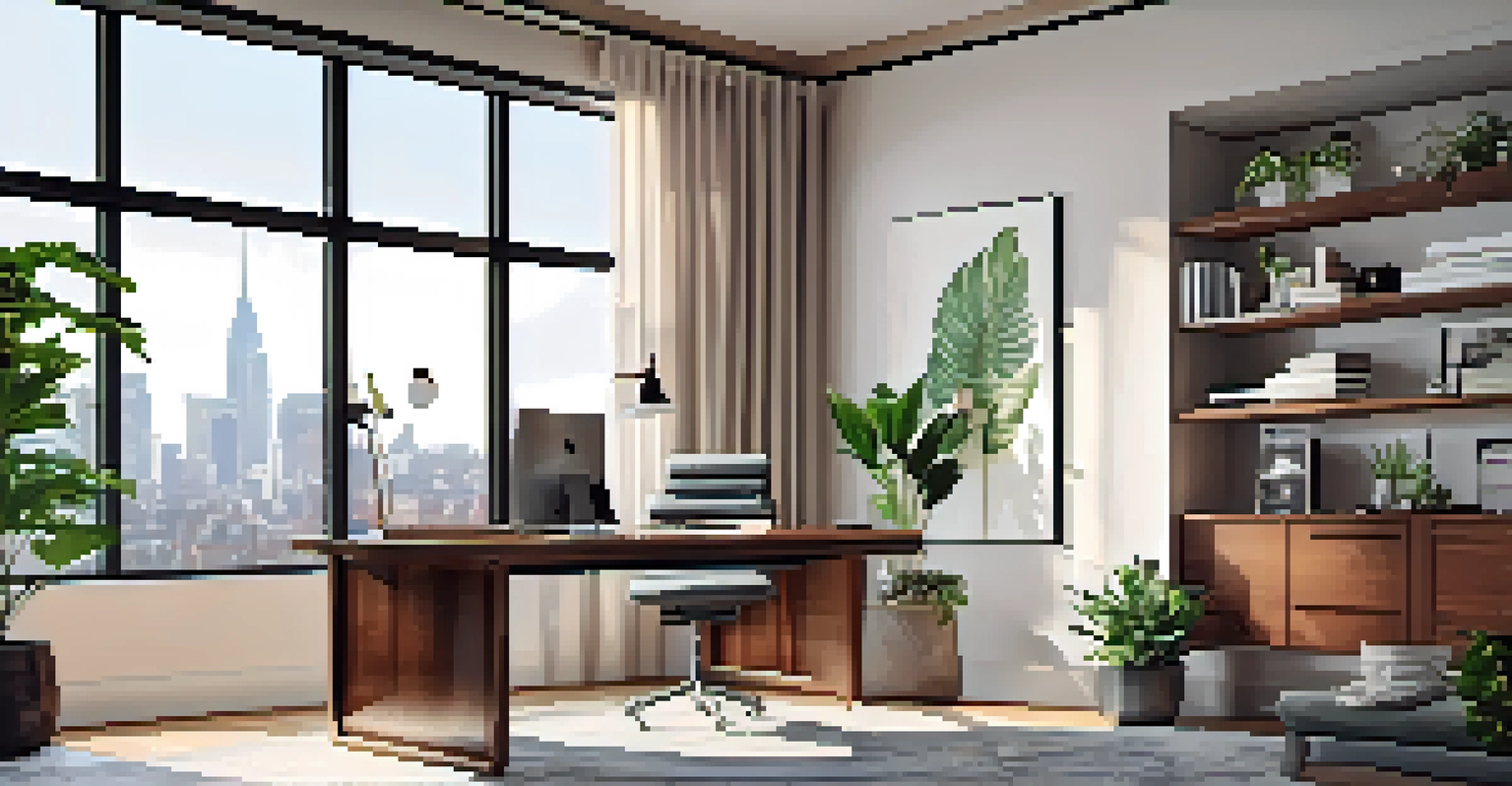 Interior of a modern home office in Jersey City with a stylish desk, large windows, and a view of the city, decorated with plants.