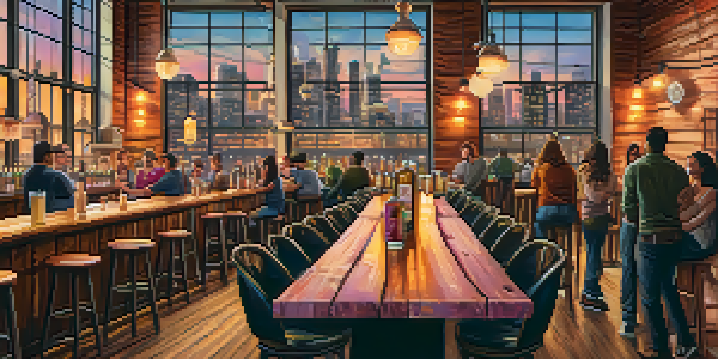 A lively craft brewery in Jersey City with patrons enjoying colorful beers at a wooden bar, surrounded by local art and an urban sunset view.