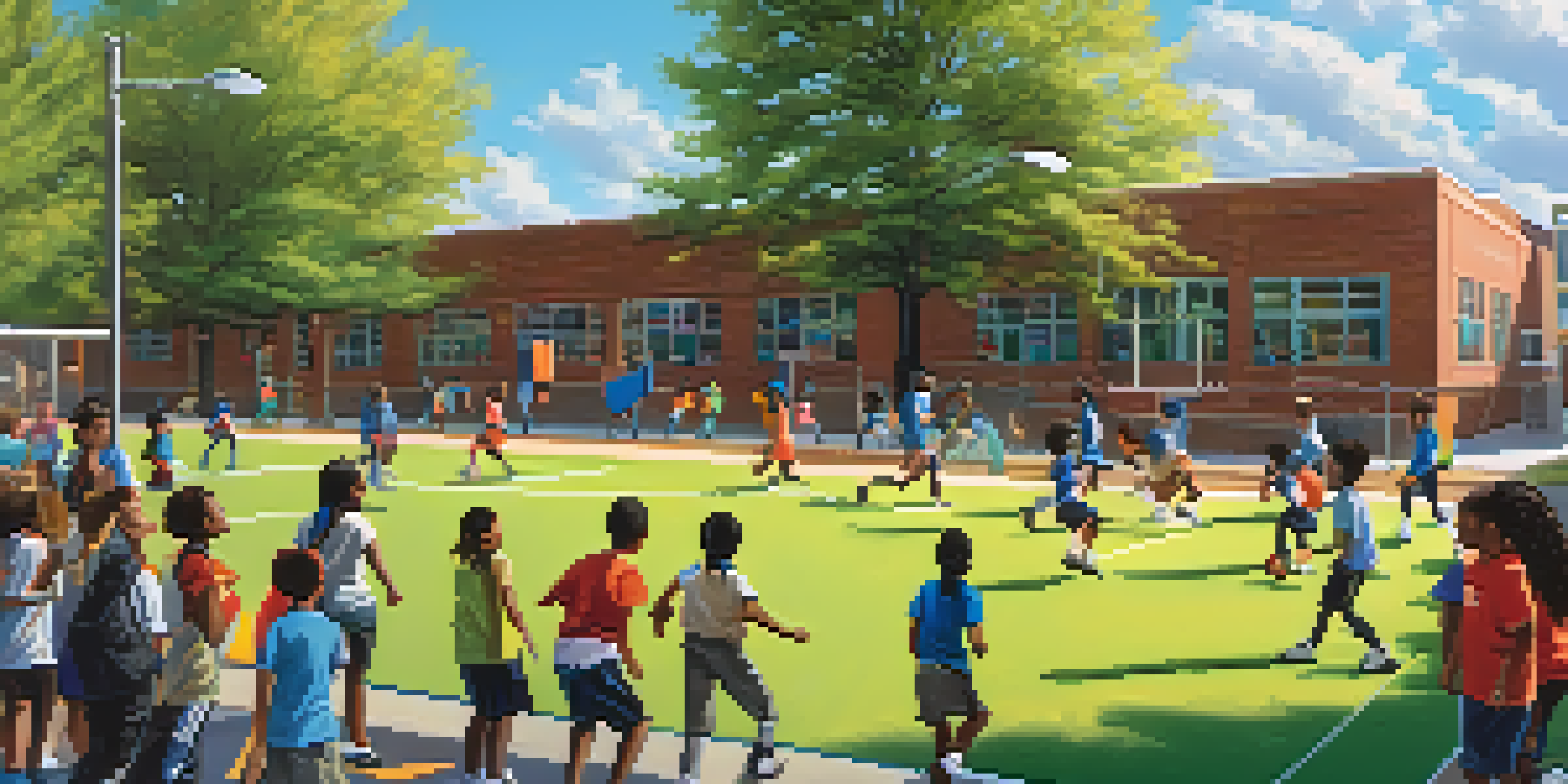 A schoolyard filled with diverse students participating in soccer, dancing, and painting a mural, surrounded by colorful trees and a blue sky.