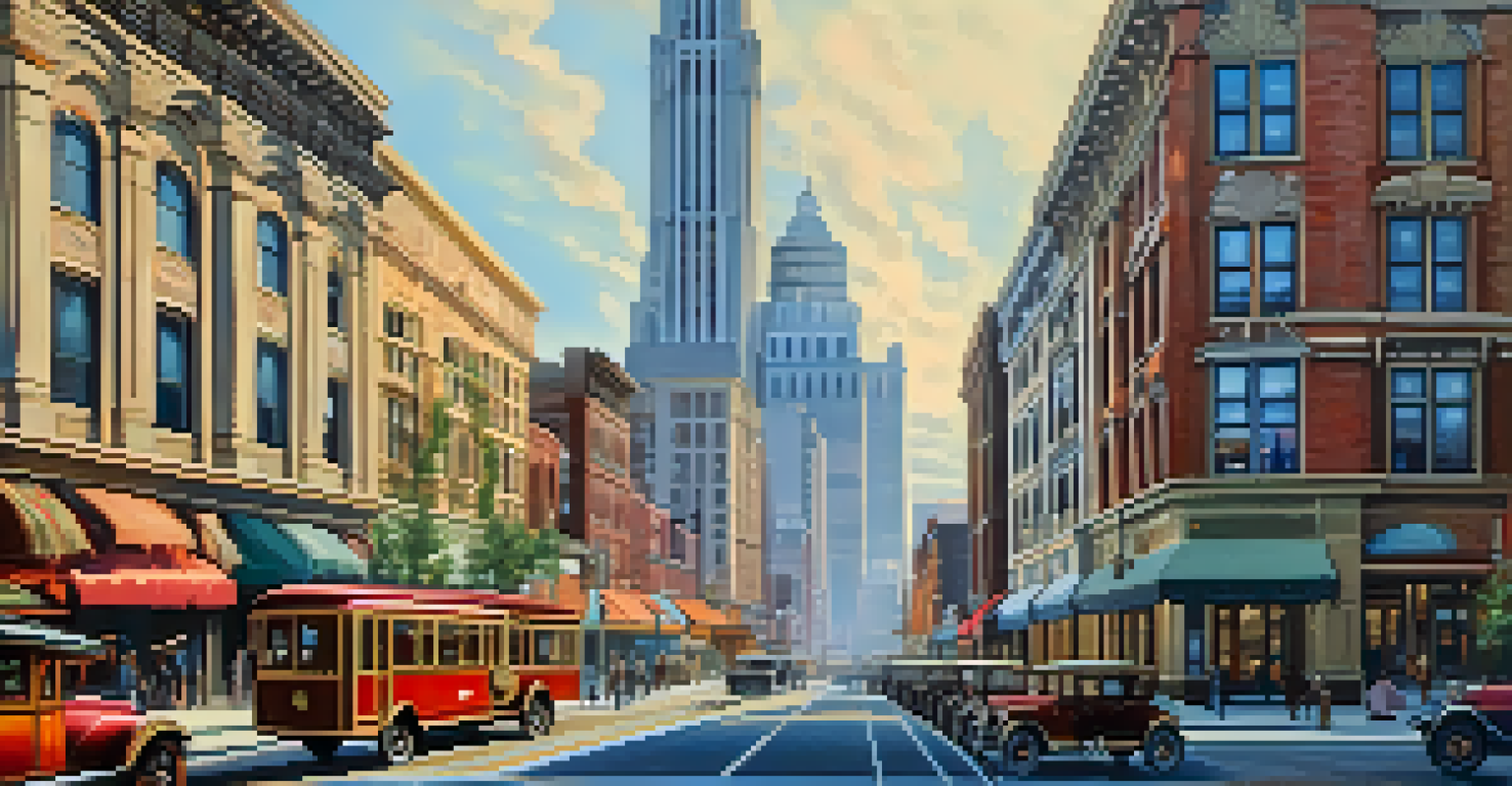 An artistic image of Jersey City in the 1920s, showcasing Art Deco architecture and a lively street scene.
