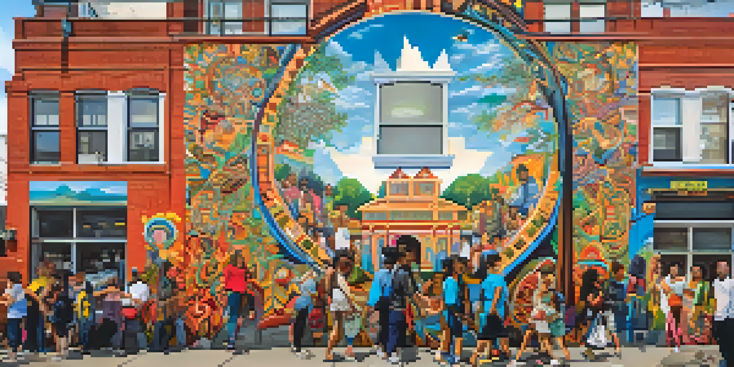 A colorful street mural in Jersey City depicting diverse cultural stories, with people admiring the artwork against a blue sky.