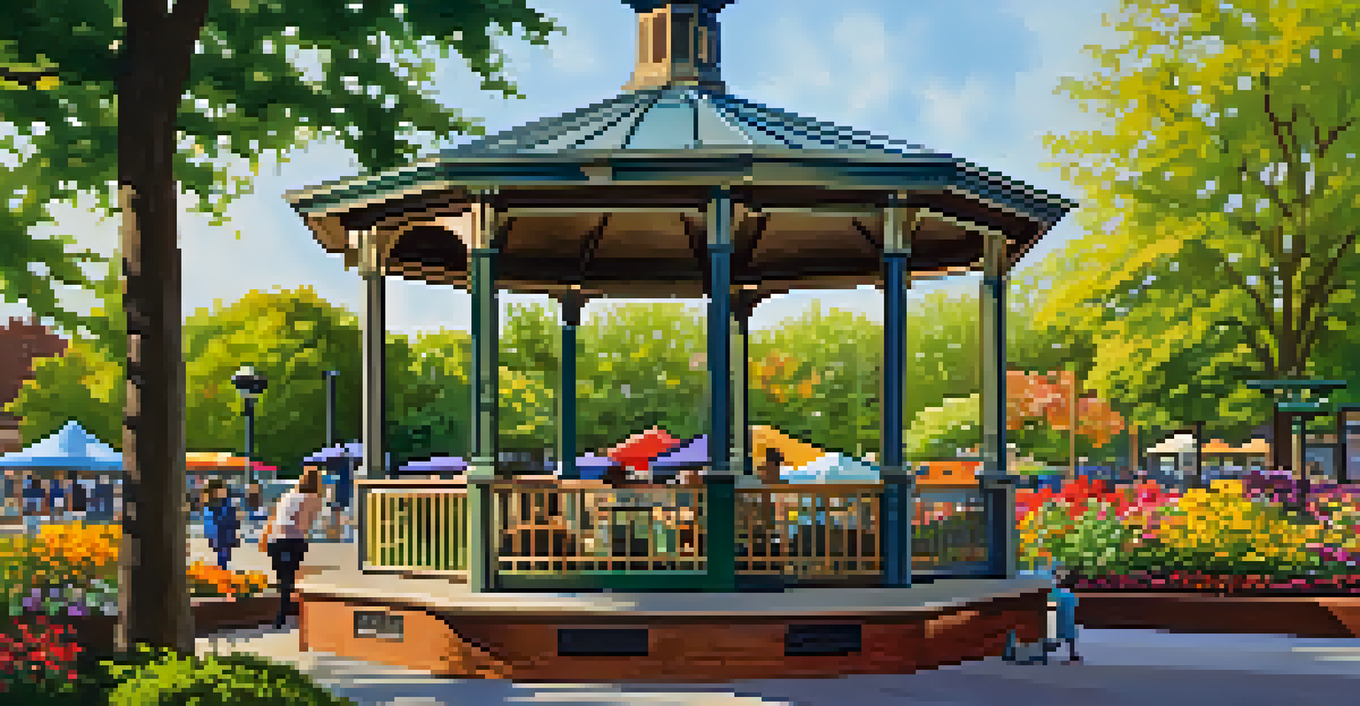 A vibrant image of Van Vorst Park featuring a gazebo surrounded by flowers and community members enjoying a farmers' market.