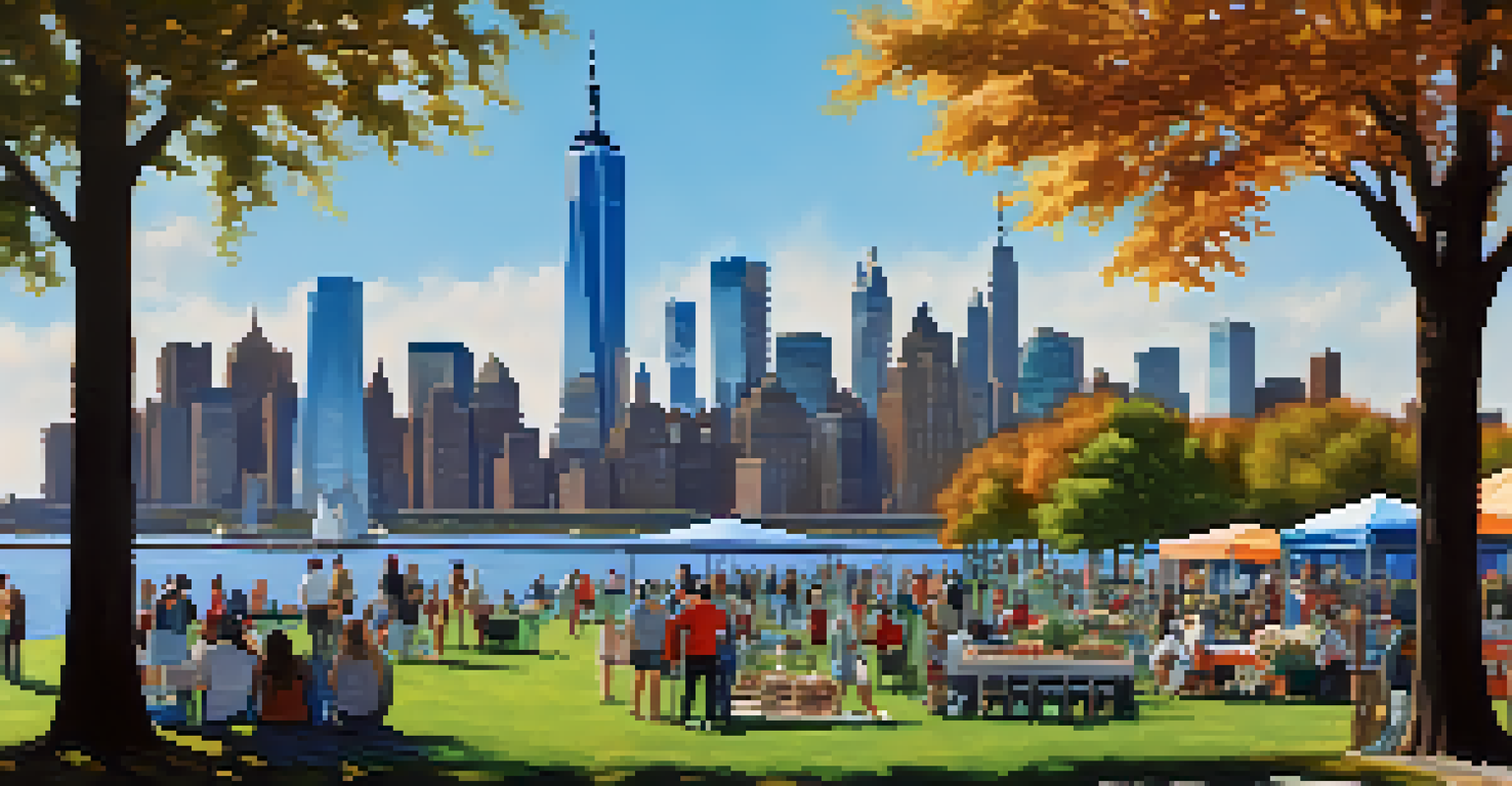 A picturesque artisan market in Liberty State Park with the Manhattan skyline in the background and local artisans showcasing their crafts.