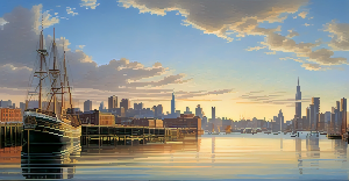 A panoramic view of Jersey City's waterfront in the early 19th century with piers and the Colgate Clock, illuminated by golden hour light.