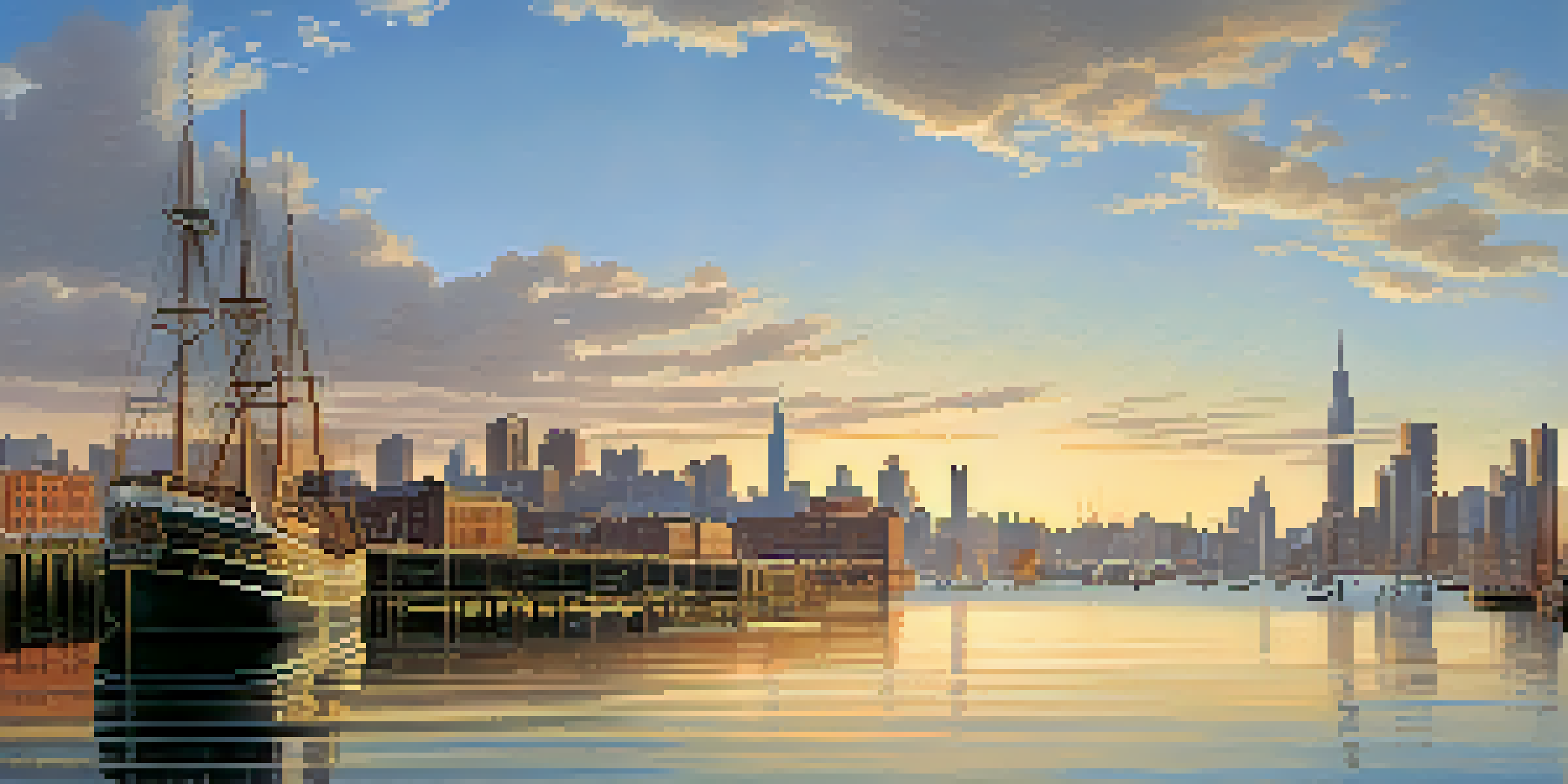 A panoramic view of Jersey City's waterfront in the early 19th century with piers and the Colgate Clock, illuminated by golden hour light.