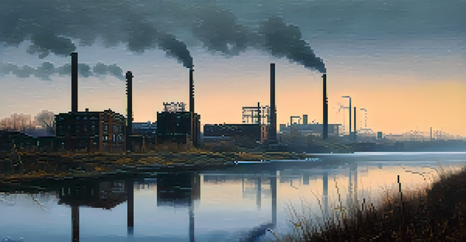 The Hackensack River at dusk, with abandoned factories and mist rising from the water, featuring eerie figures near the shore.