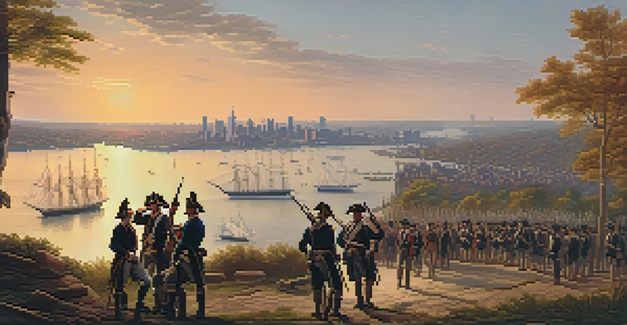 A historical scene depicting Jersey City during the Revolutionary War, featuring local militia members in colonial attire by the Hudson River at sunset.