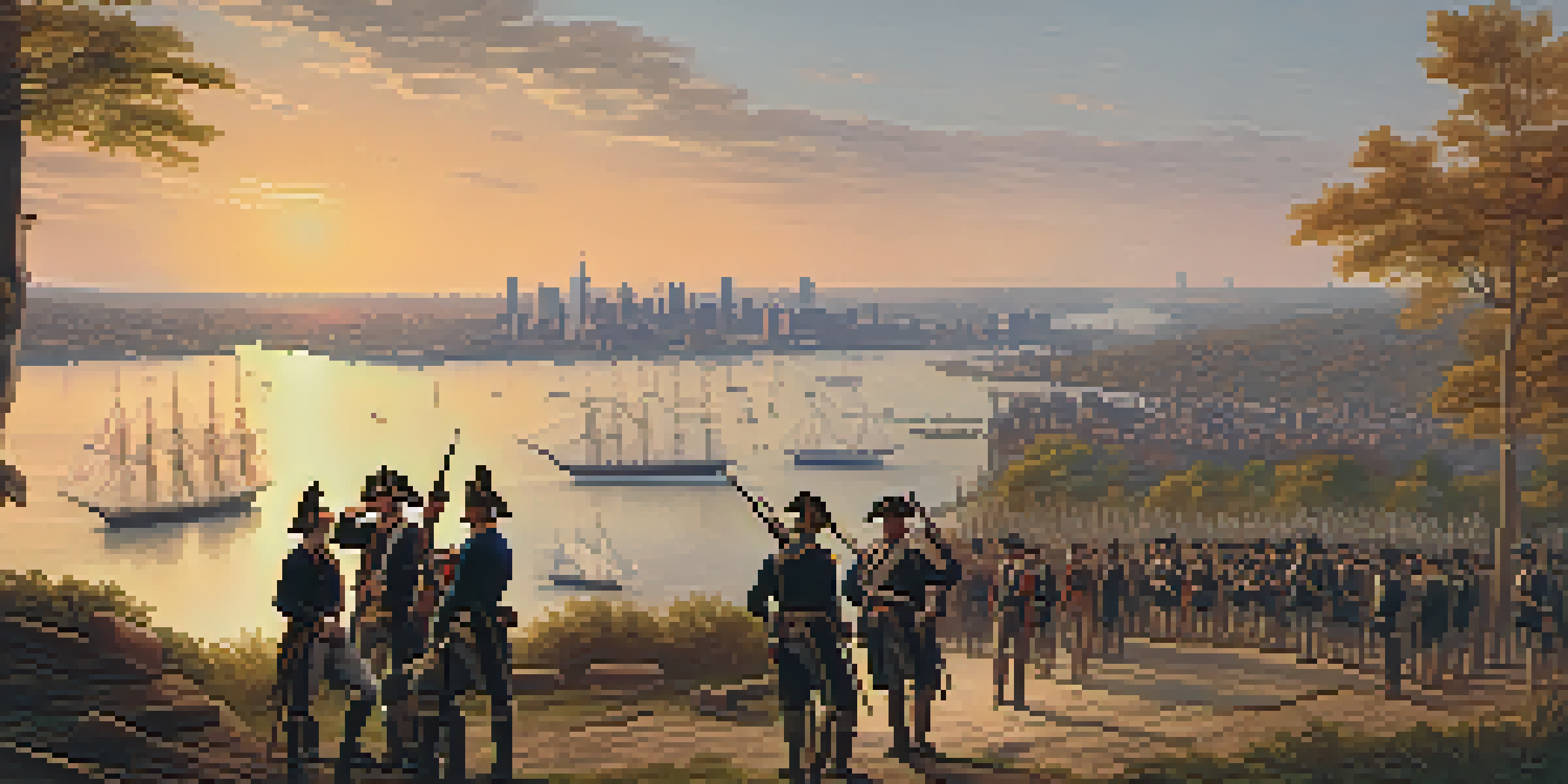 A historical scene depicting Jersey City during the Revolutionary War, featuring local militia members in colonial attire by the Hudson River at sunset.