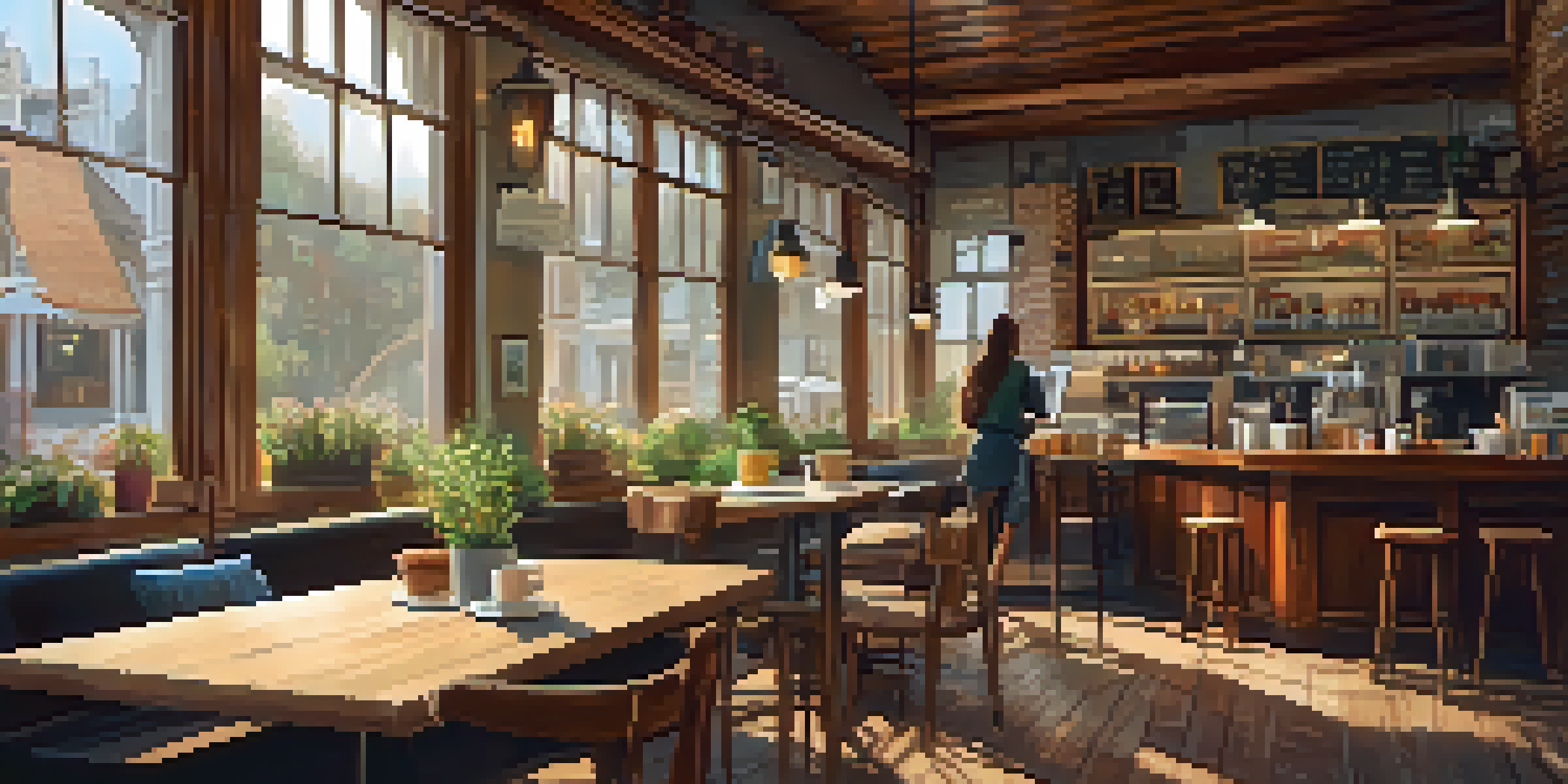A cozy café with rustic decor, large windows, and a digital nomad working on a laptop amidst coffee cups and snacks.