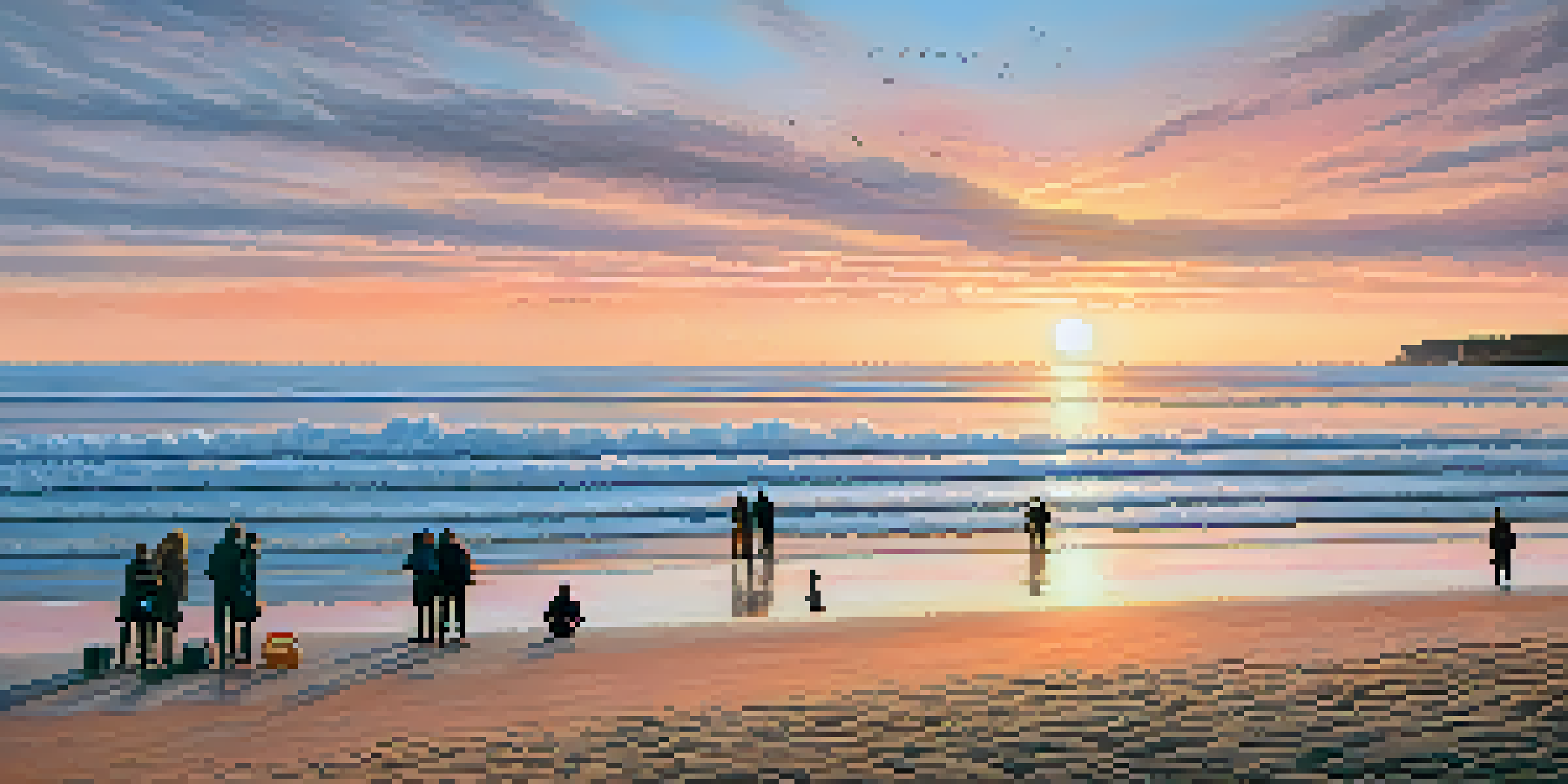 A scenic view of a Jersey beach at sunset, with people preparing sandbags for flooding.