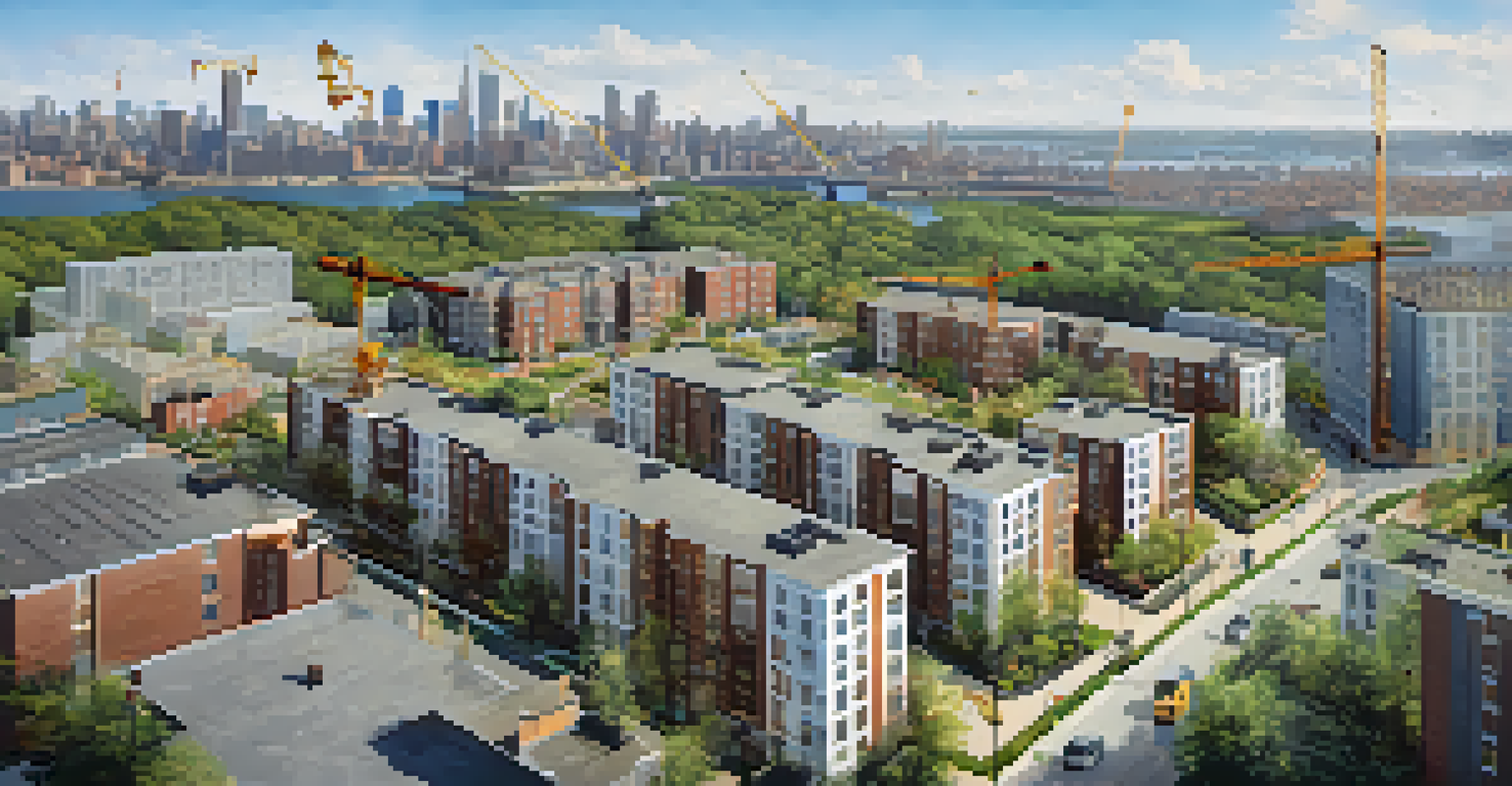 Aerial view of a housing development site in Jersey City with cranes and construction workers, set against a clear blue sky.