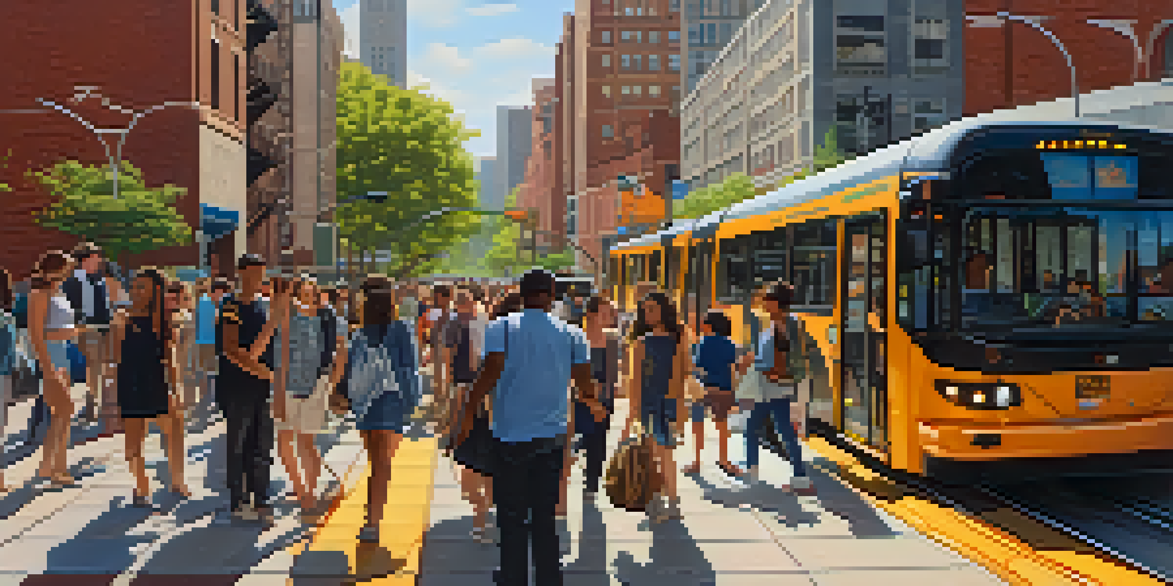 A busy street in Jersey City with modern buses and light rail trains, diverse commuters at a transit stop, and urban architecture under warm sunlight.