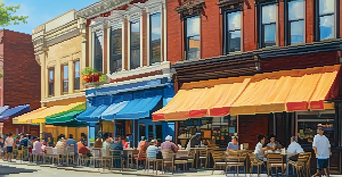 A lively street in Jersey City with diverse restaurants and people enjoying food, under a clear blue sky.