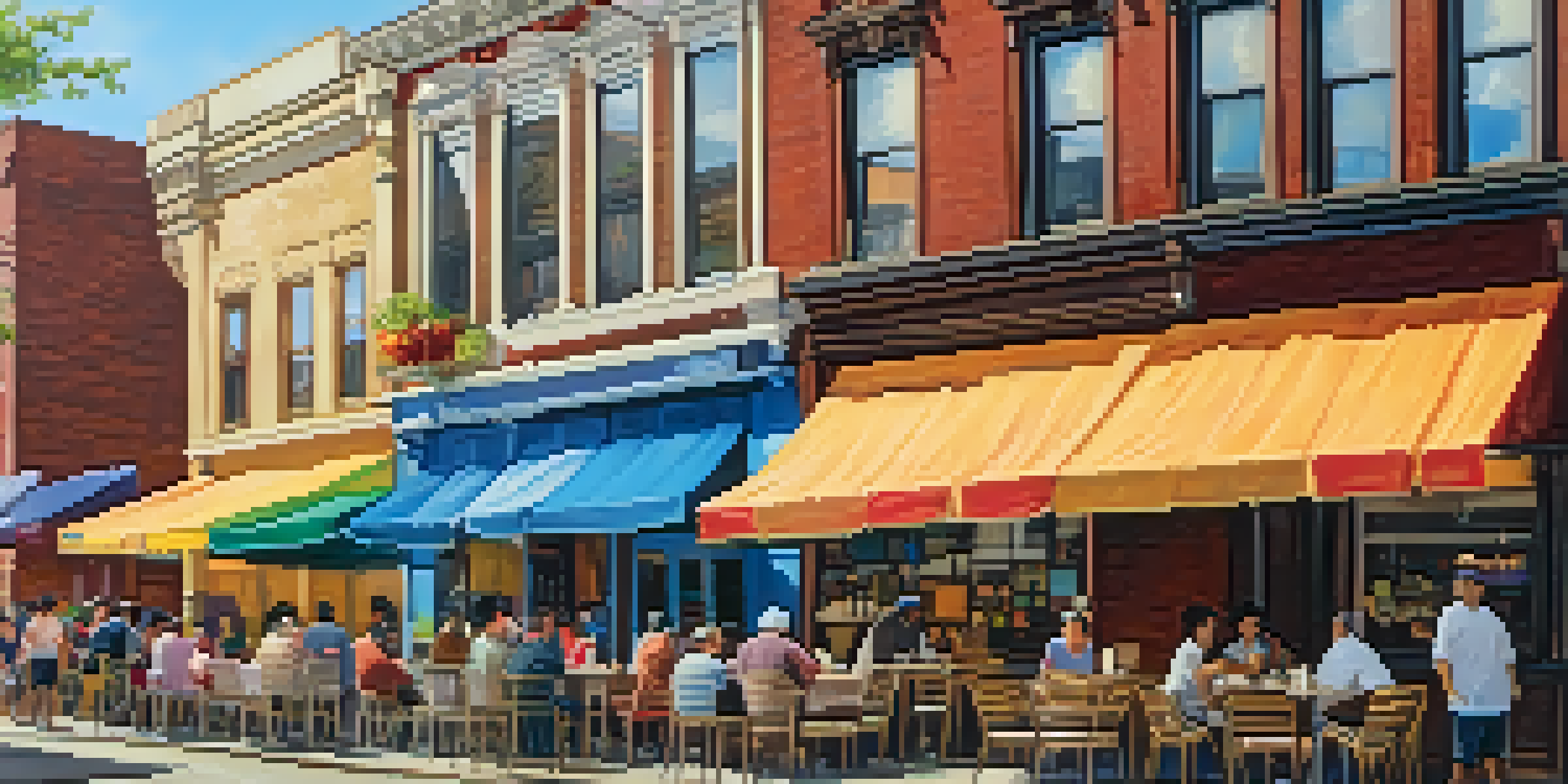 A lively street in Jersey City with diverse restaurants and people enjoying food, under a clear blue sky.