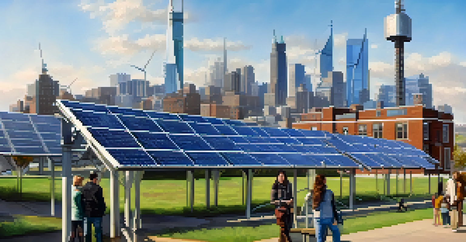 Close-up of a green energy project in Jersey City with solar panels and wind turbines in an urban setting.