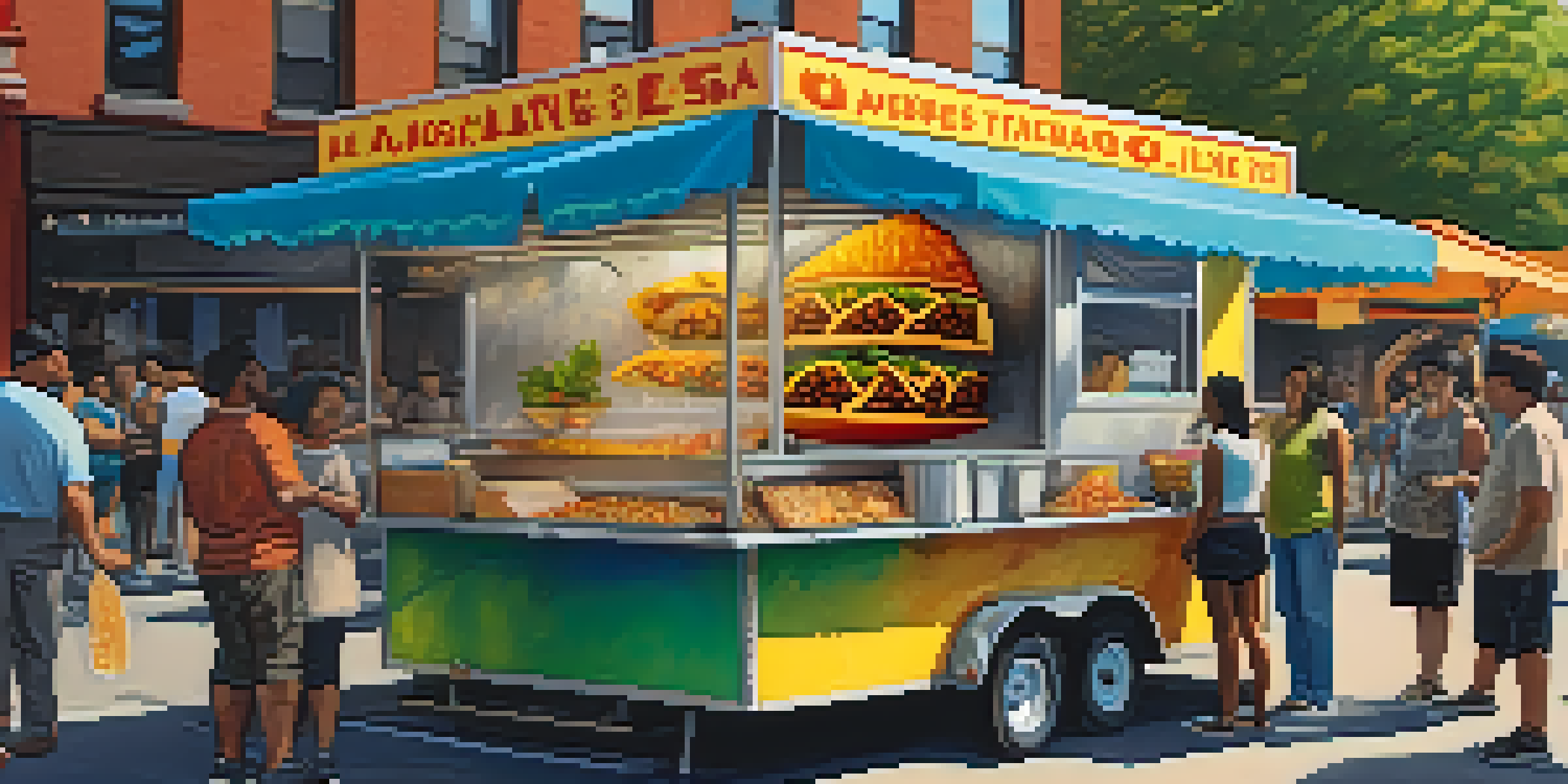 A busy street food scene in Jersey City with a taco truck and people enjoying tacos.