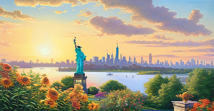 A vibrant sunrise view of Liberty State Park with lush greenery, walking paths, and the Statue of Liberty in the background.